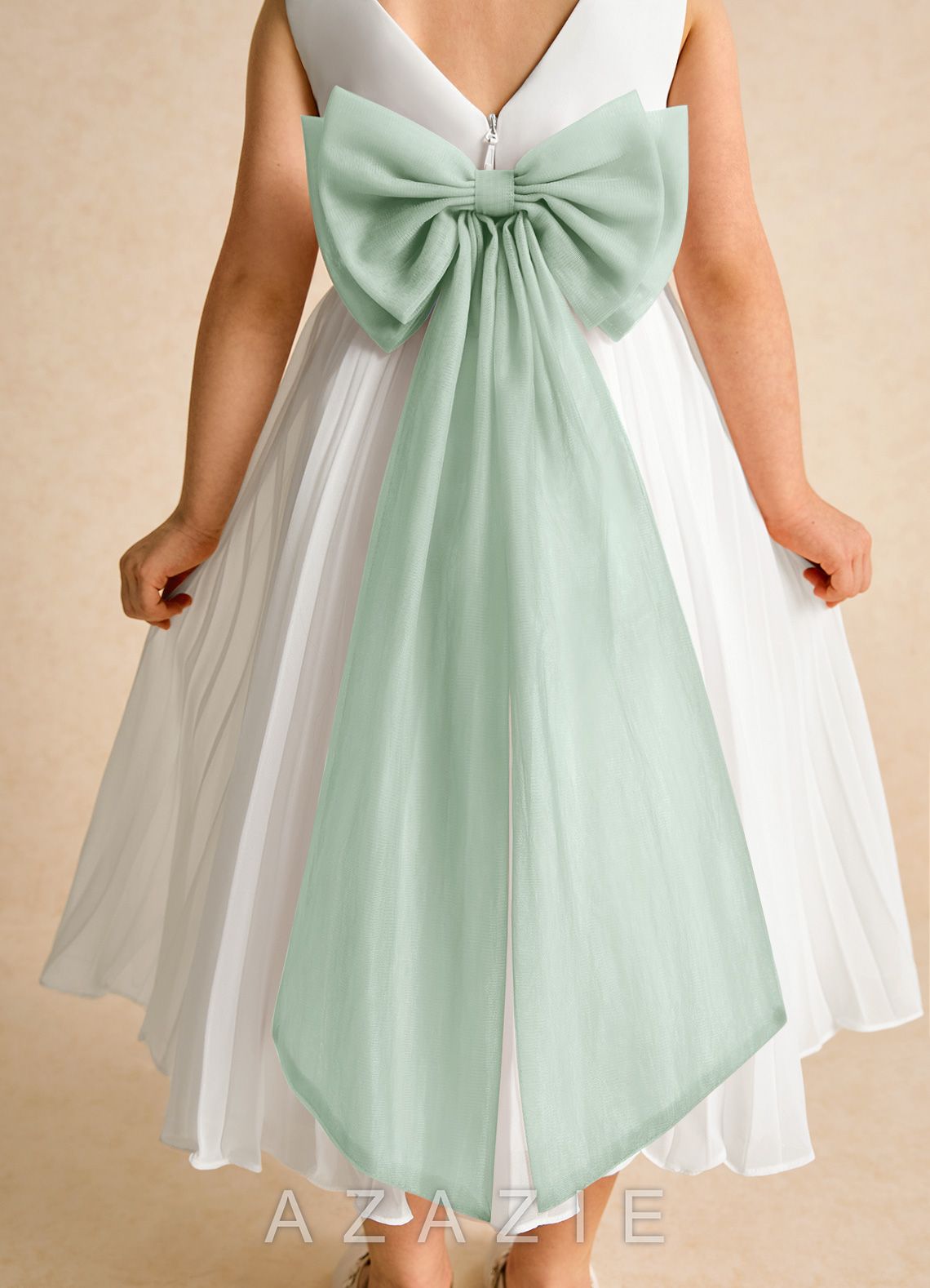 Azazie Margot Ivory Agave A-Line Pleated Chiffon Dress ivory/agave