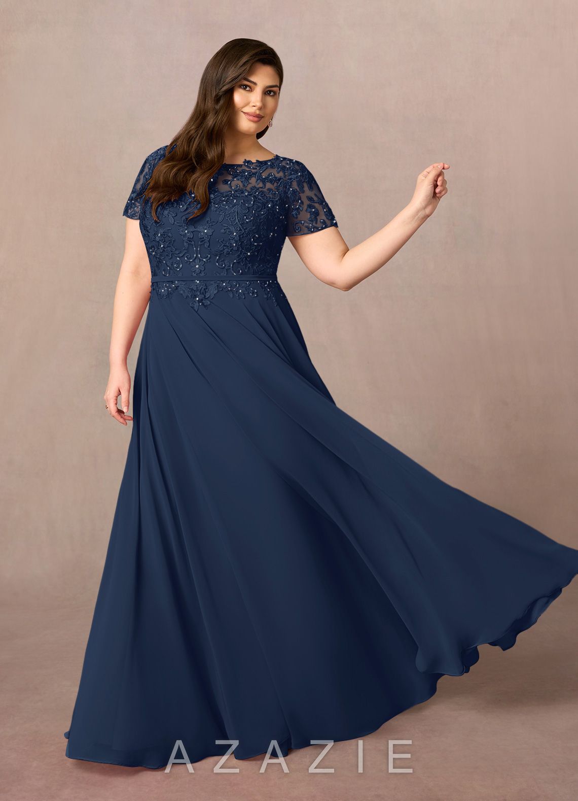 Azazie Adina Dark Navy A-Line Boatneck Sequins Chiffon Dress dark_navy