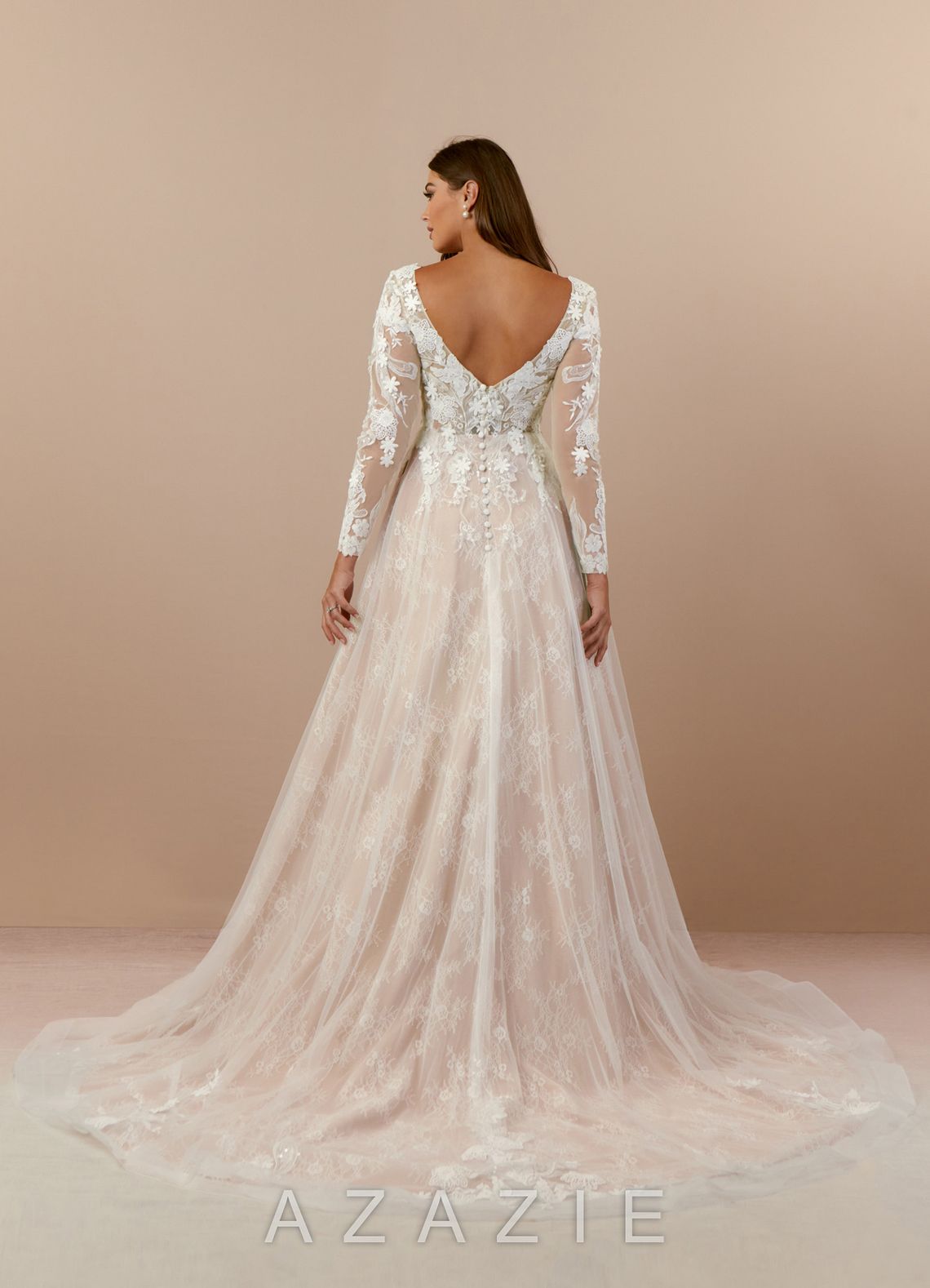 Azazie Leila Wedding Dress Diamond White Nude A-Line V-Neck Sequins Tulle Dress diamond_white/nude