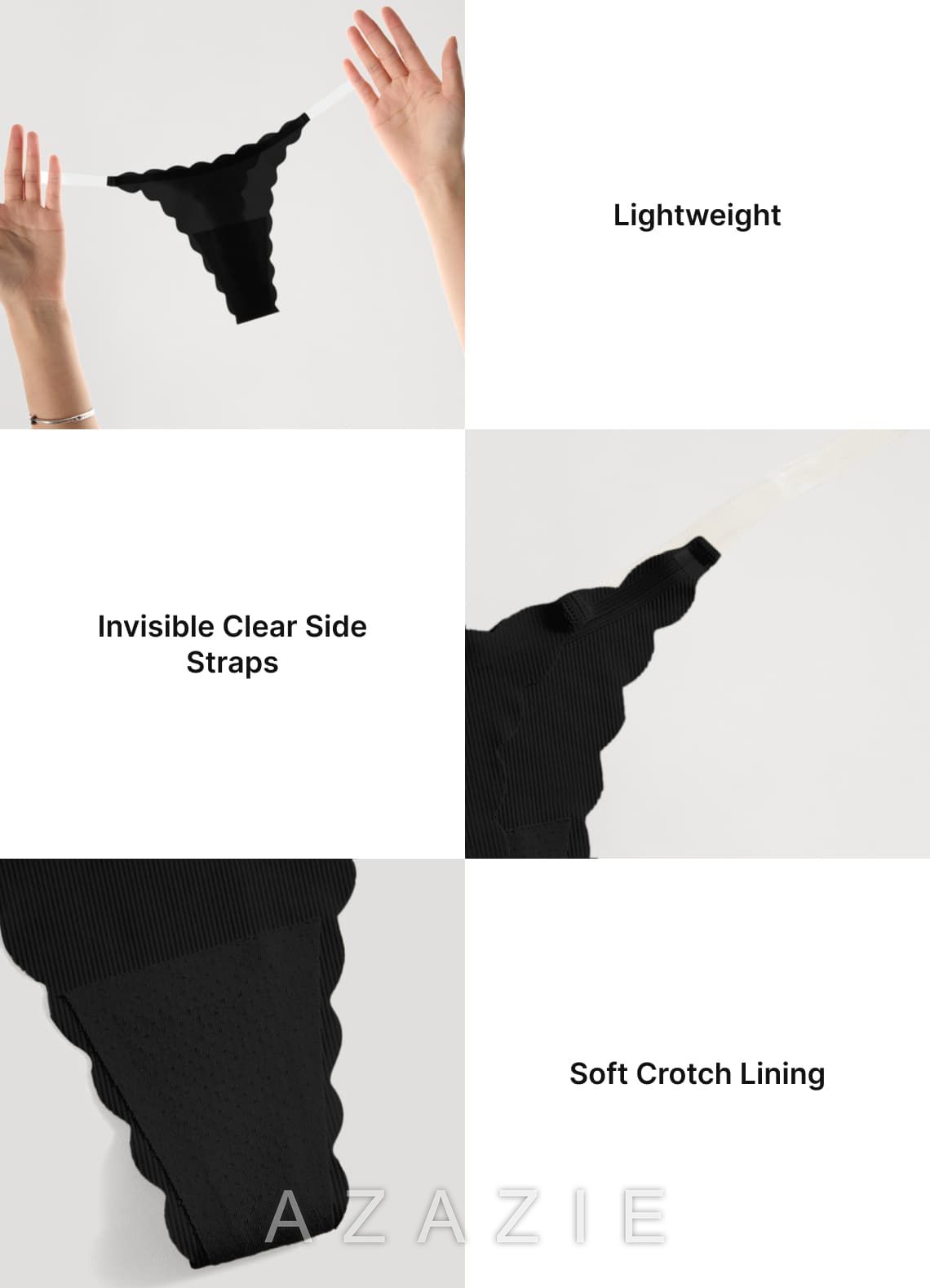 Scalloped Edge Sheer Strap T-Back Barely-There Seamless Thongs （3pics）  black