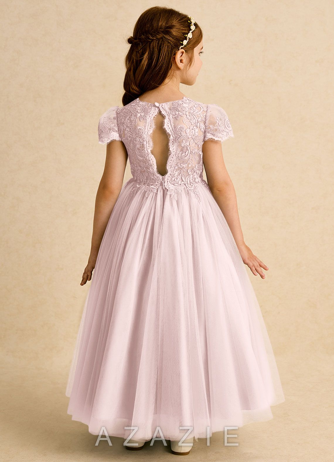 Azazie Puff Blushing Pink Ball-Gown Lace Tulle Dress
