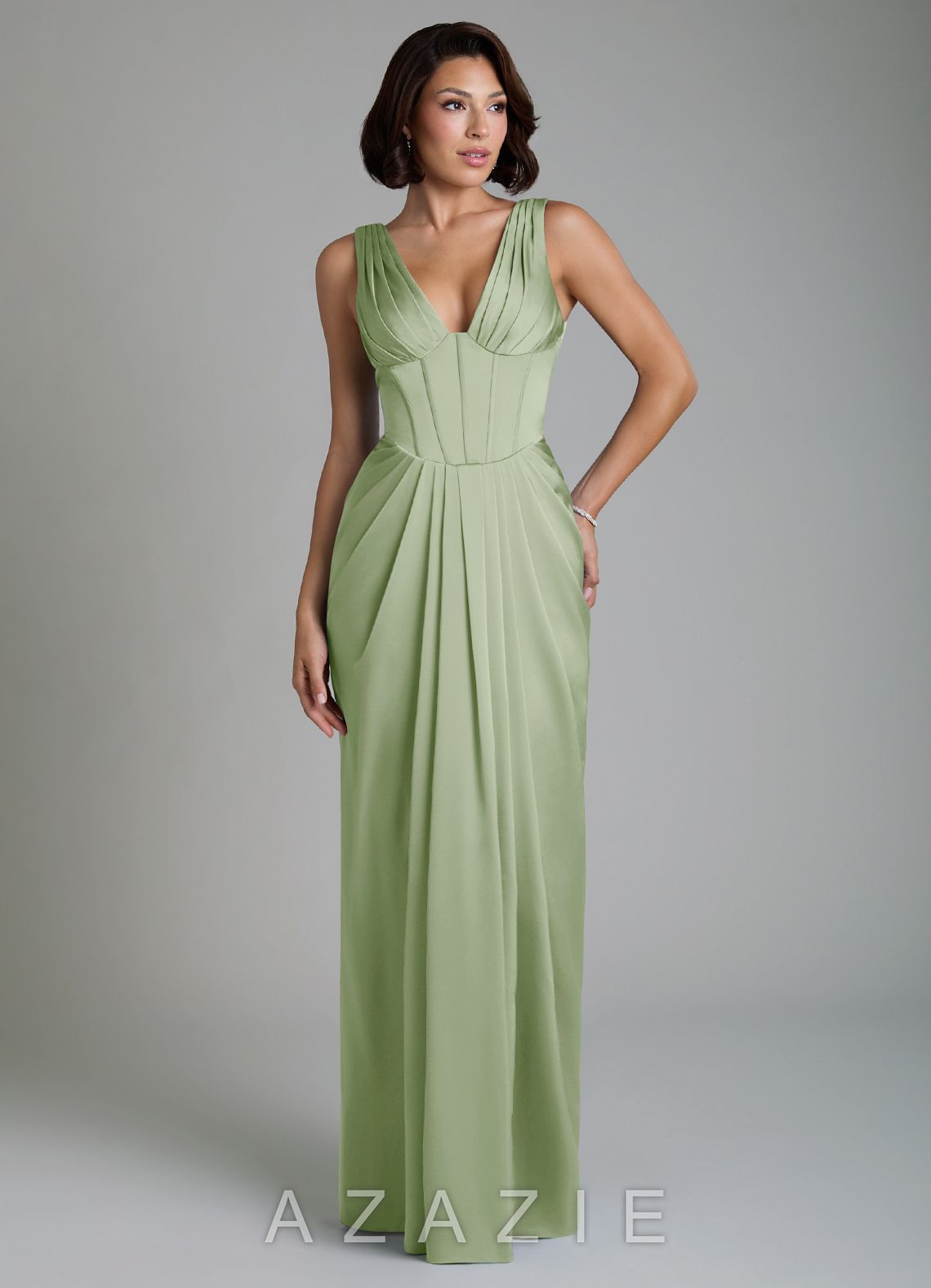 Azazie Vanya Dusty Sage Sheath Corset Stretch Satin Dress