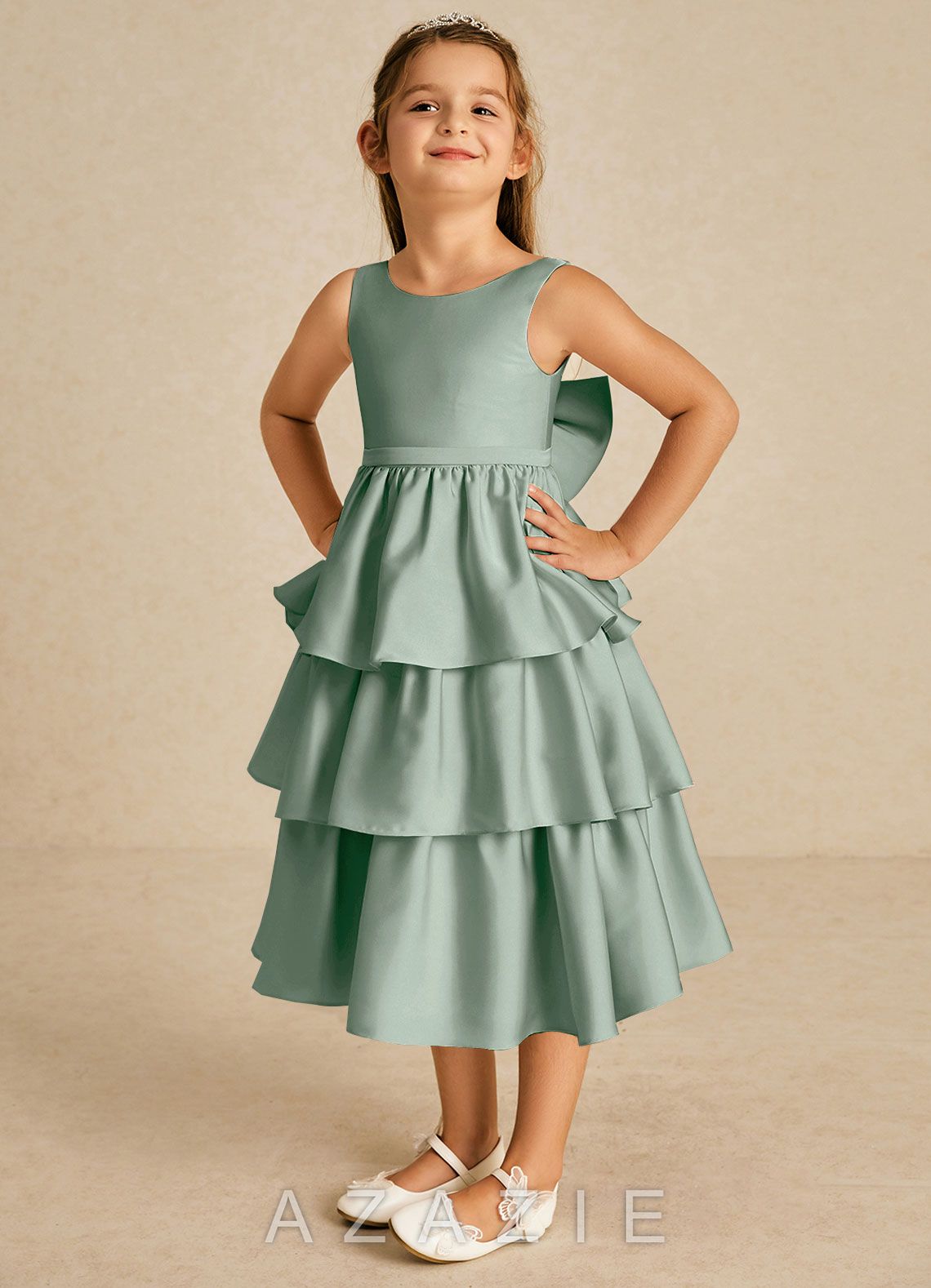 Azazie Margery Agave A-Line Bow Stretch Satin Dress agave