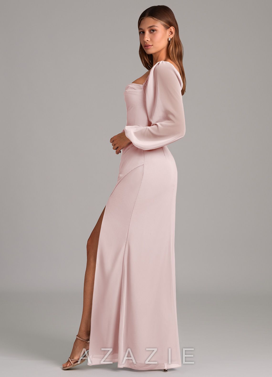 Azazie Brixley Blushing Pink Mermaid Long Sleeve Chiffon Dress blushing_pink