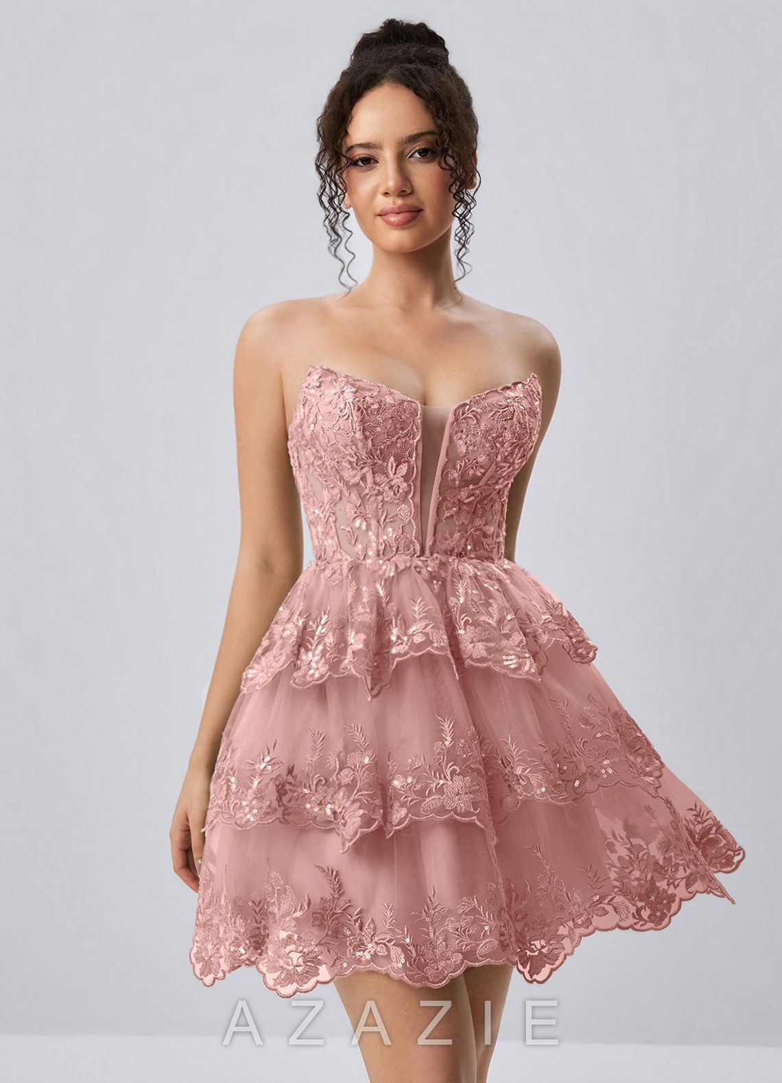 Liaorde Blush Taupe Ruffles Sequins A Line Mini Dress