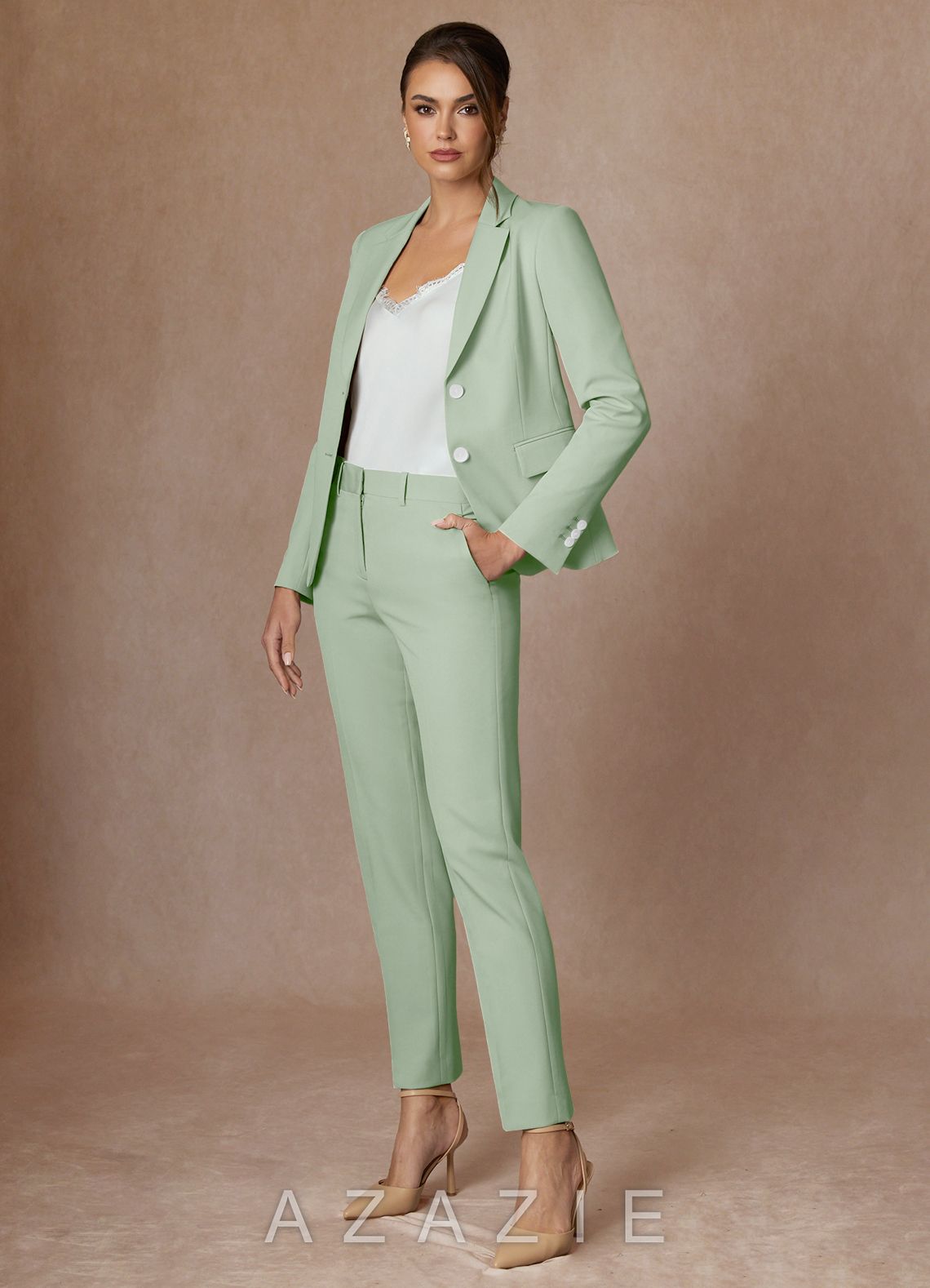 Whitney Dusty Sage Refined Weave Performance Full Length Pants Suit