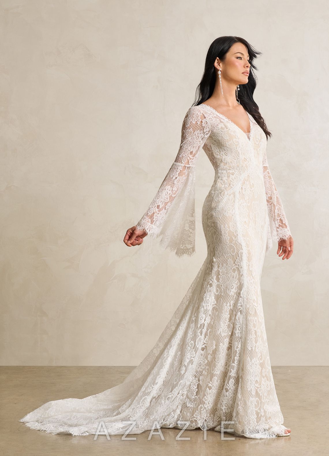 Azazie Hayes Wedding Dress Diamond White Champagne Mermaid V-Neck Lace Dress diamond_white/champagne