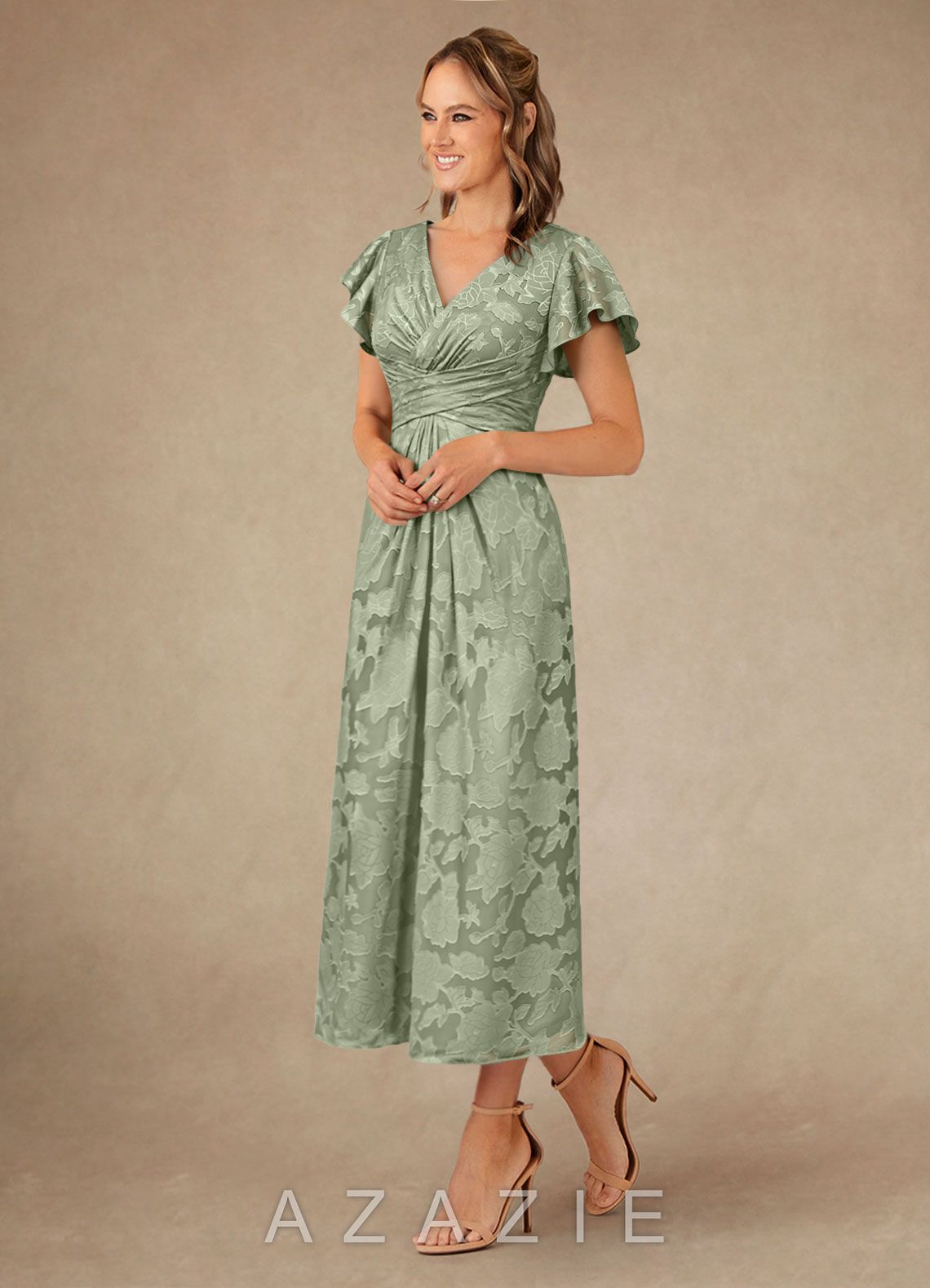 Azazie Vera Agave A-Line Pleated Floral Burnout Dress agave