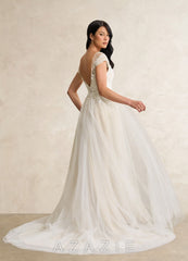 Azazie Bellisima Wedding Dress Diamond White Champagne A-Line V-Neck Tulle Dress diamond_white/champagne