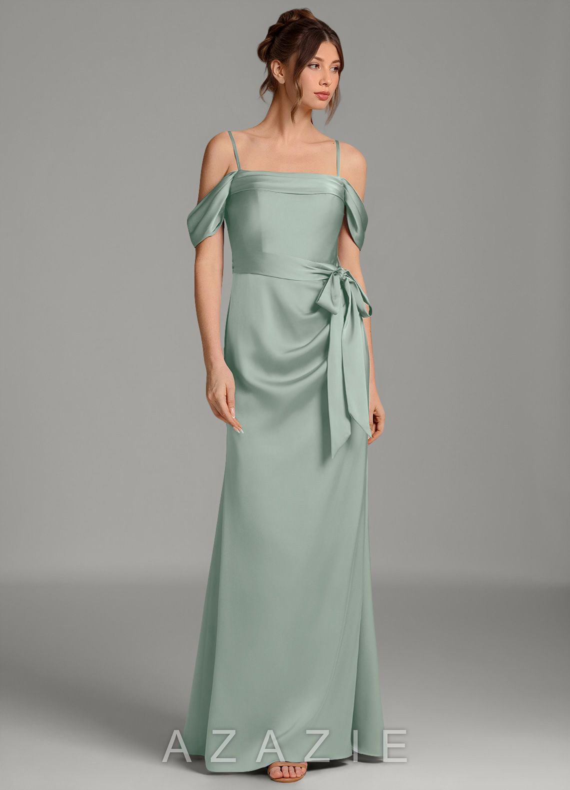 Azazie Wyatt Agave Mermaid Off the Shoulder Stretch Satin Dress agave