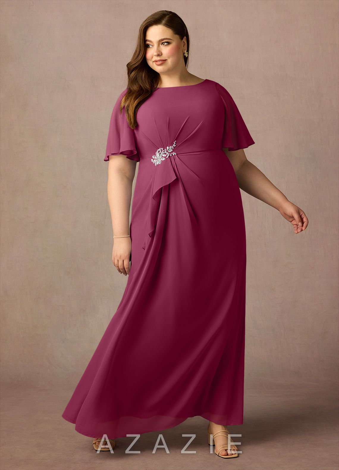 Azazie Rain Mulberry Sheath Beaded Chiffon Dress mulberry