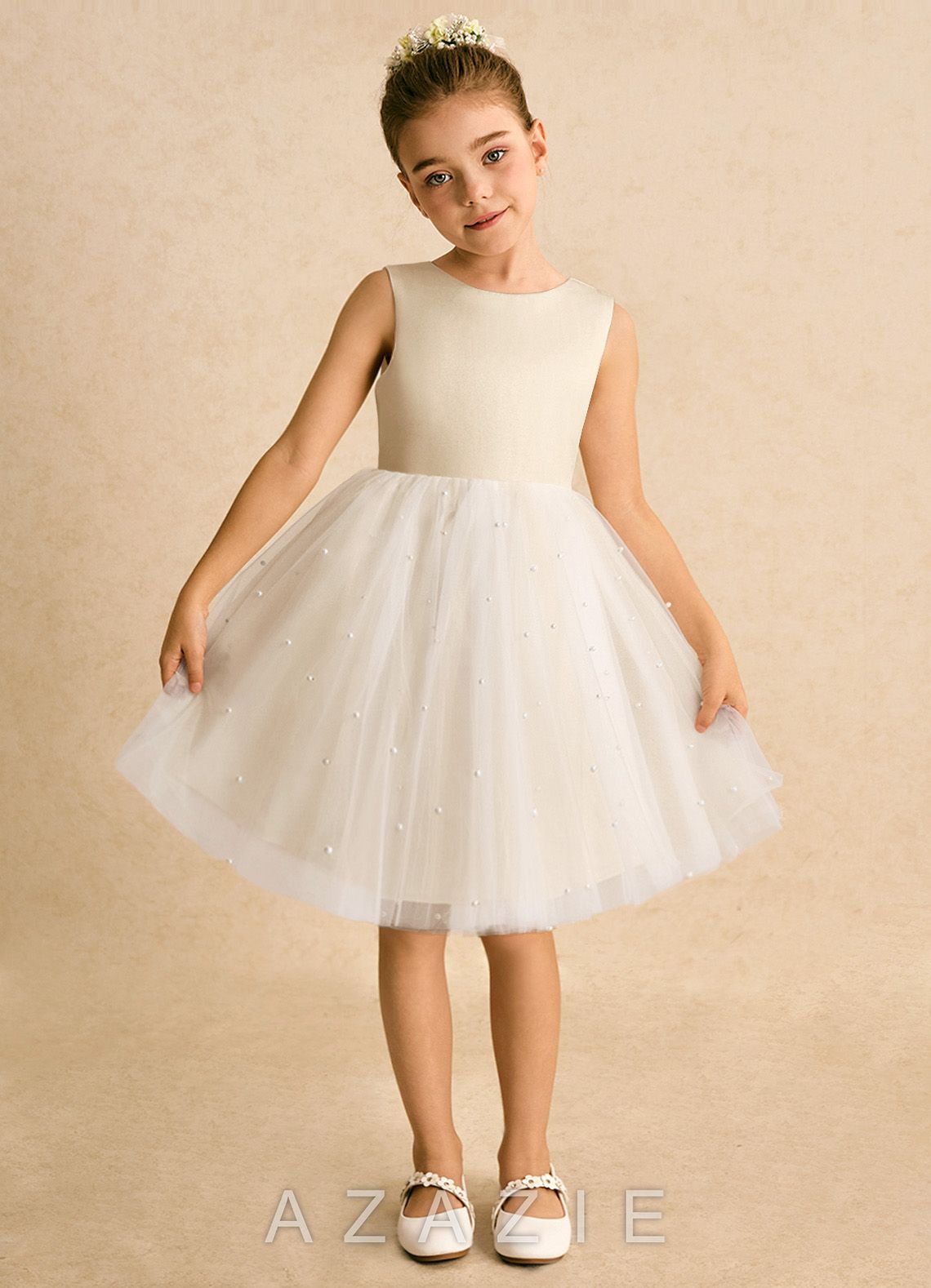Azazie Esme Champagne Ball-Gown Bow Tulle Dress champagne