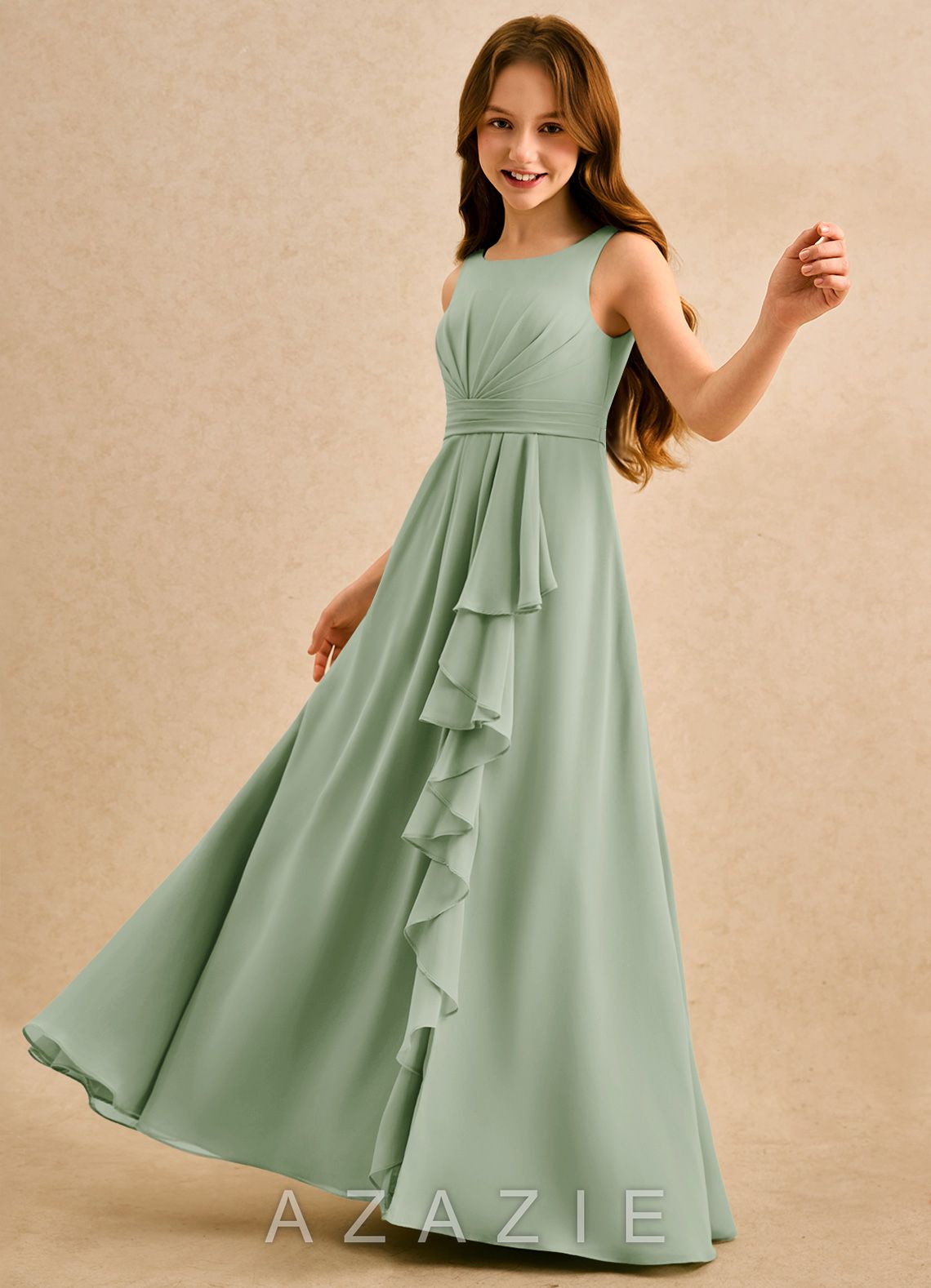 Azazie Chibi Girls Formal Dusty Sage A-Line Pleated Chiffon Dress dusty_sage