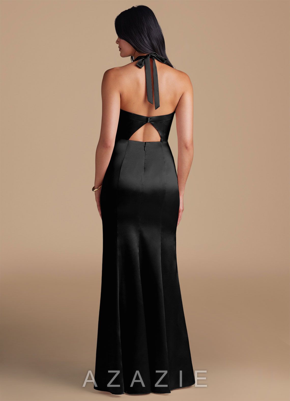 Azazie Emeria Black Sheath Side Slit Metallic Satin Dress black