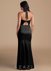 Azazie Emeria Black Sheath Side Slit Metallic Satin Dress black