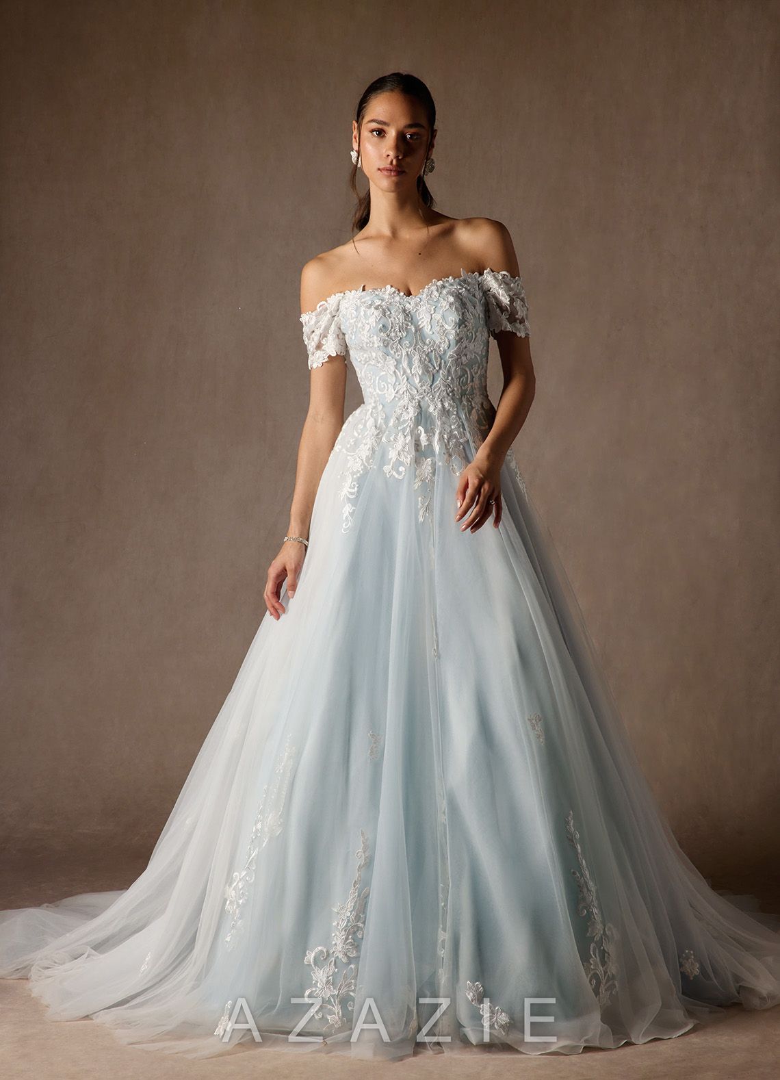Azazie Rowe Wedding Dress Cloudy Blue Ball-Gown Off the Shoulder Tulle Dress