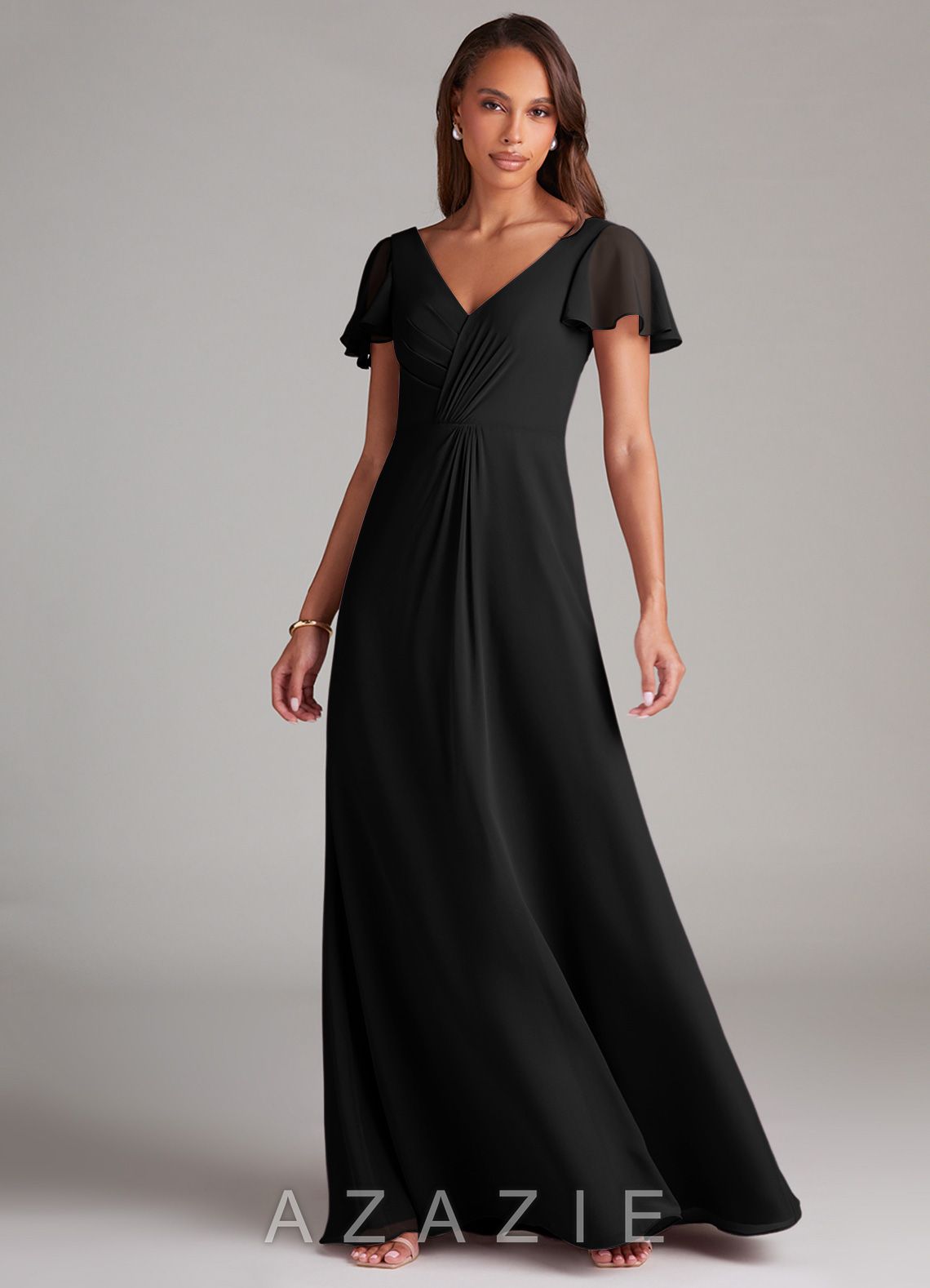 Azazie Soren Black A-Line Ruched Chiffon Dress black