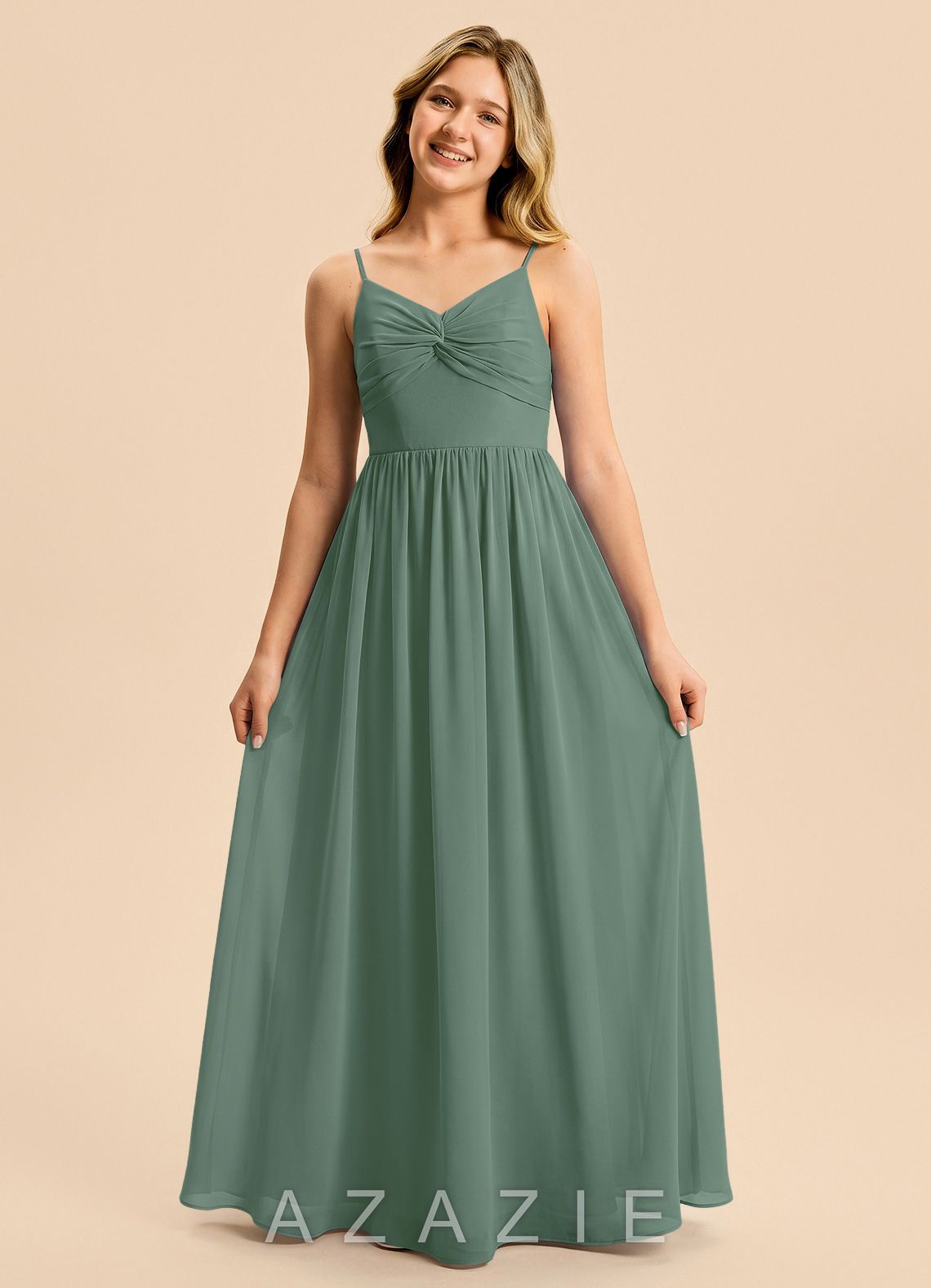 Azazie Zeya Junior Eucalyptus A-Line Chiffon Dress eucalyptus
