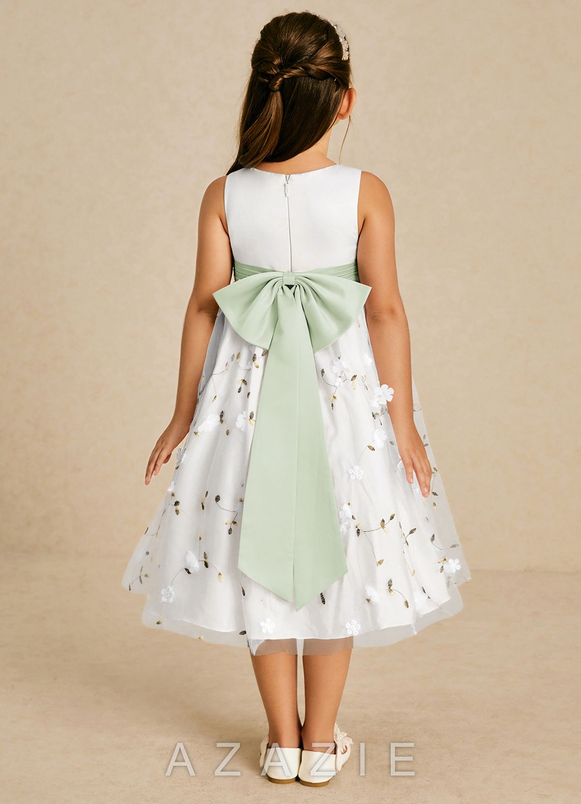 Azazie Pollie Ivory Dusty Sage A-Line Bow Tulle Dress ivory/dusty_sage