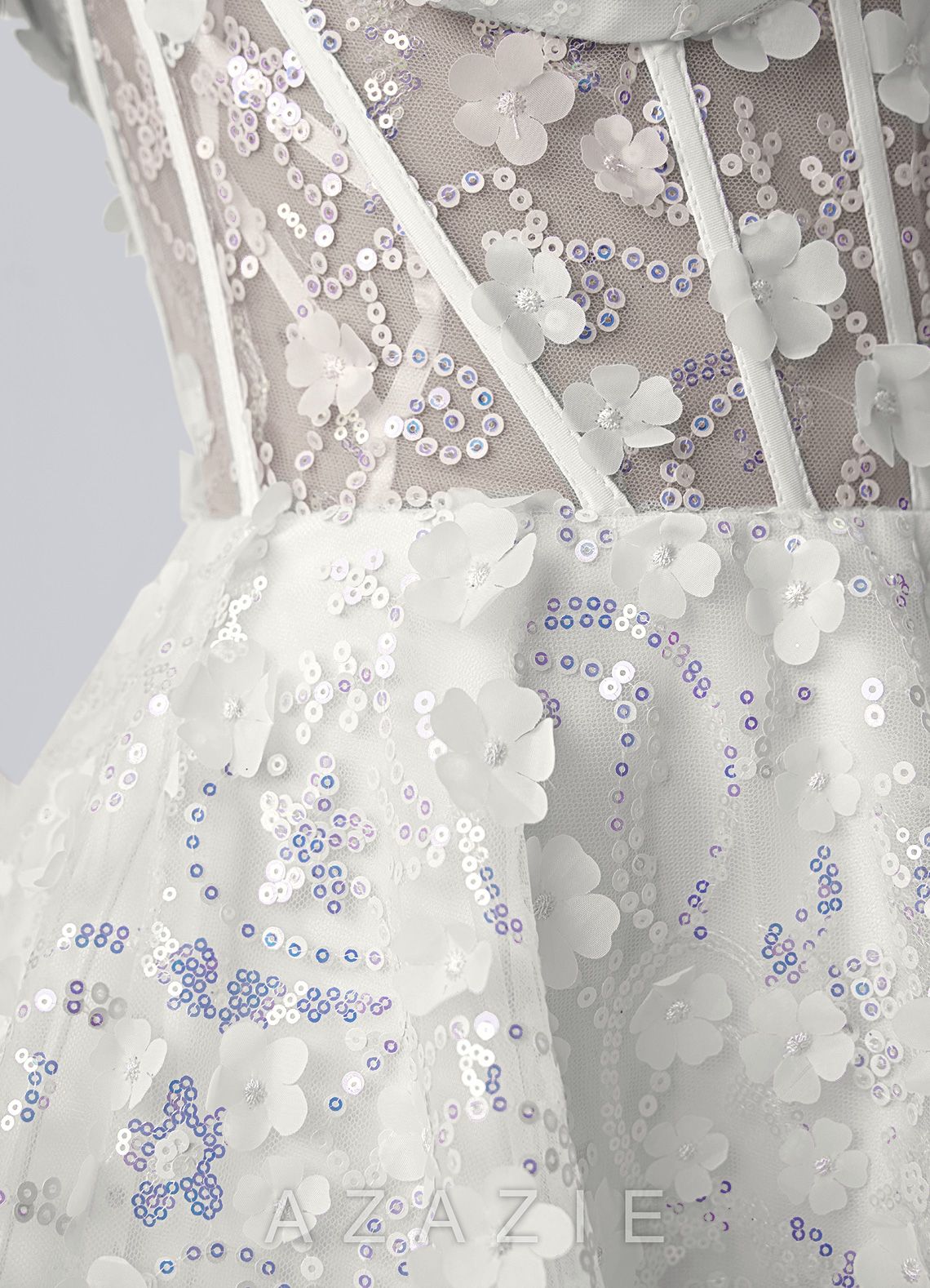 Kaelaniora White Sequin Embroidery 3D Flowers Tulle Corset Mini Dress