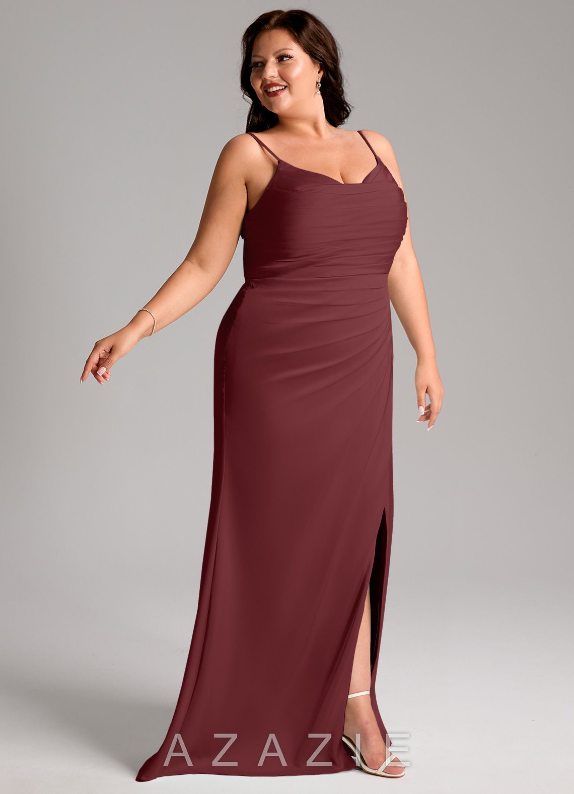 Azazie Deandra Cabernet Mermaid Pleated Stretch Satin Dress cabernet