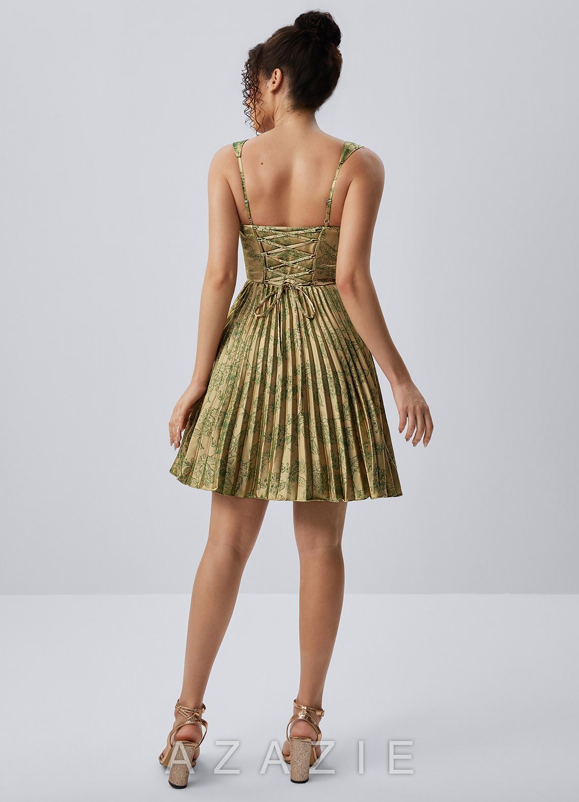 Jade Green Brown Spaghetti Strap Floral Pleated Lace-Up Mini Dress
