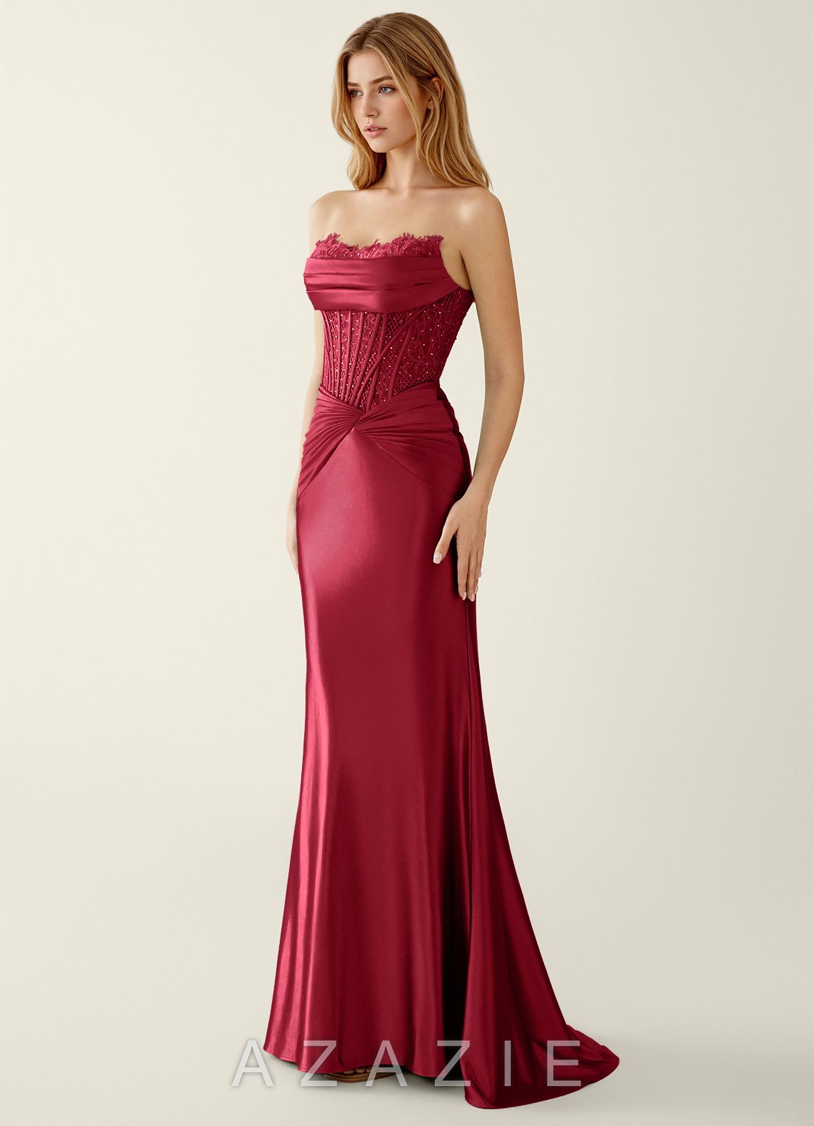 Sasha Burgundy Satin Wrap Corset Mermaid Prom Dress  burgundy