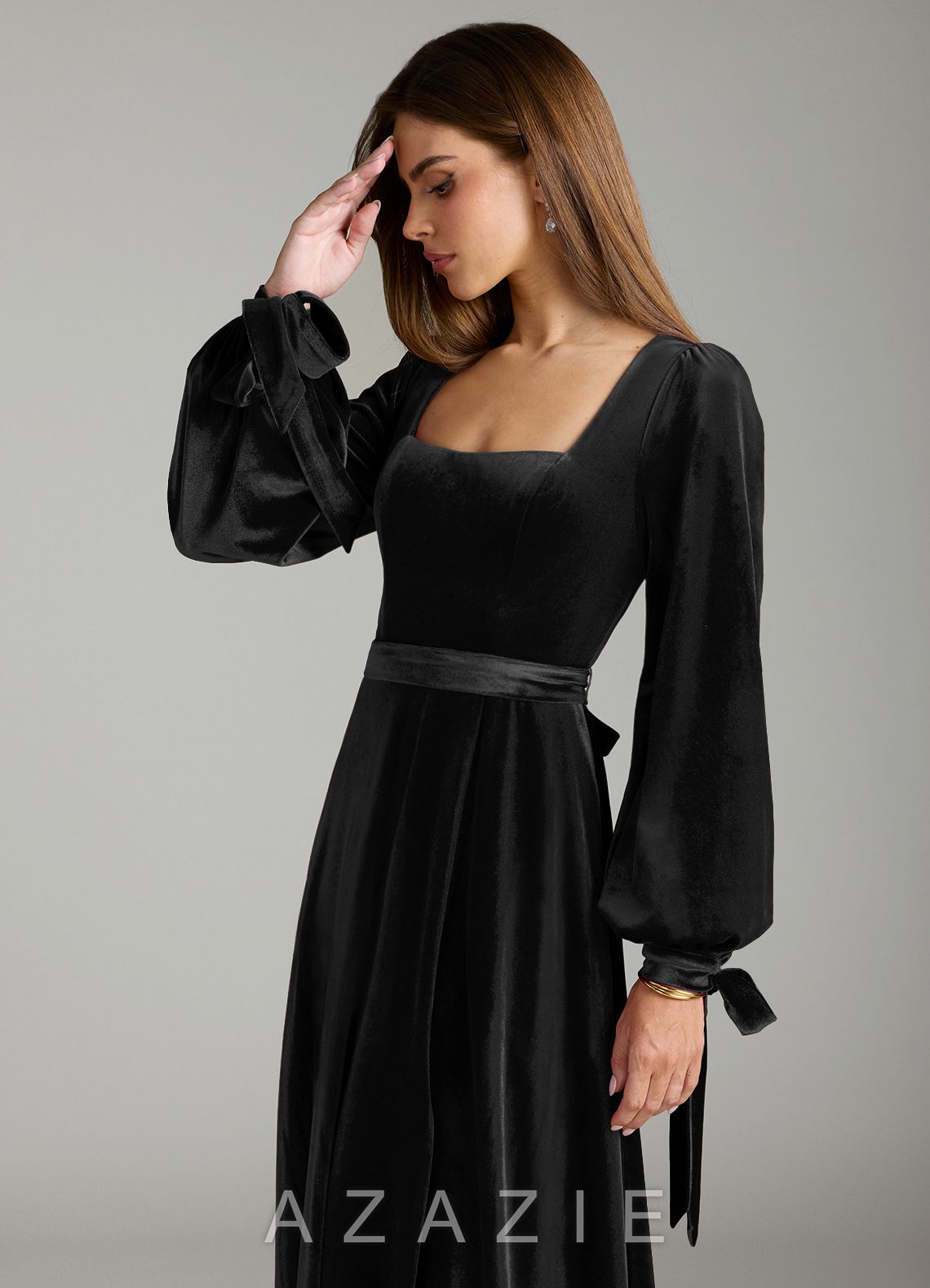 Azazie Leonia Black A-Line Long Sleeve Velvet Dress black