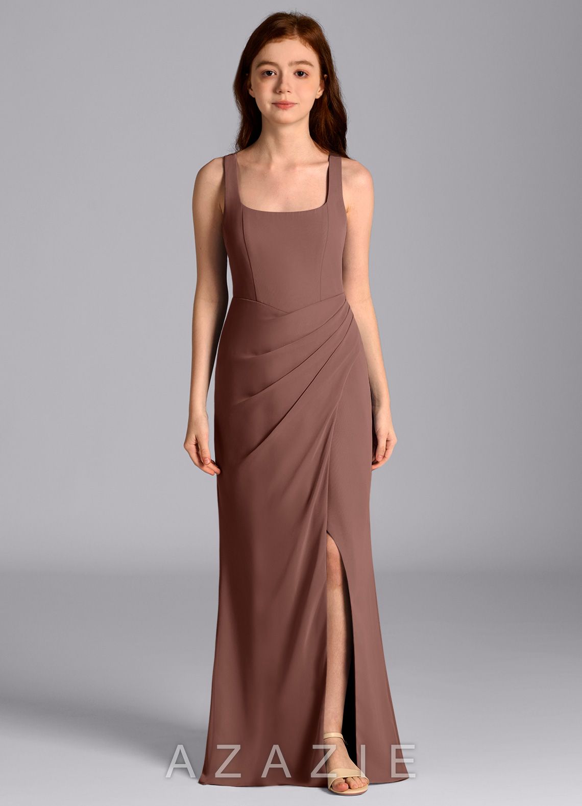 Azazie Mero Junior Espresso Mermaid Pleated Chiffon Dress espresso