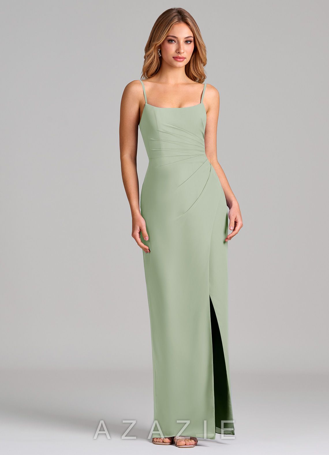 Azazie Calandra Dusty Sage Sheath Pleated Chiffon Dress dusty_sage
