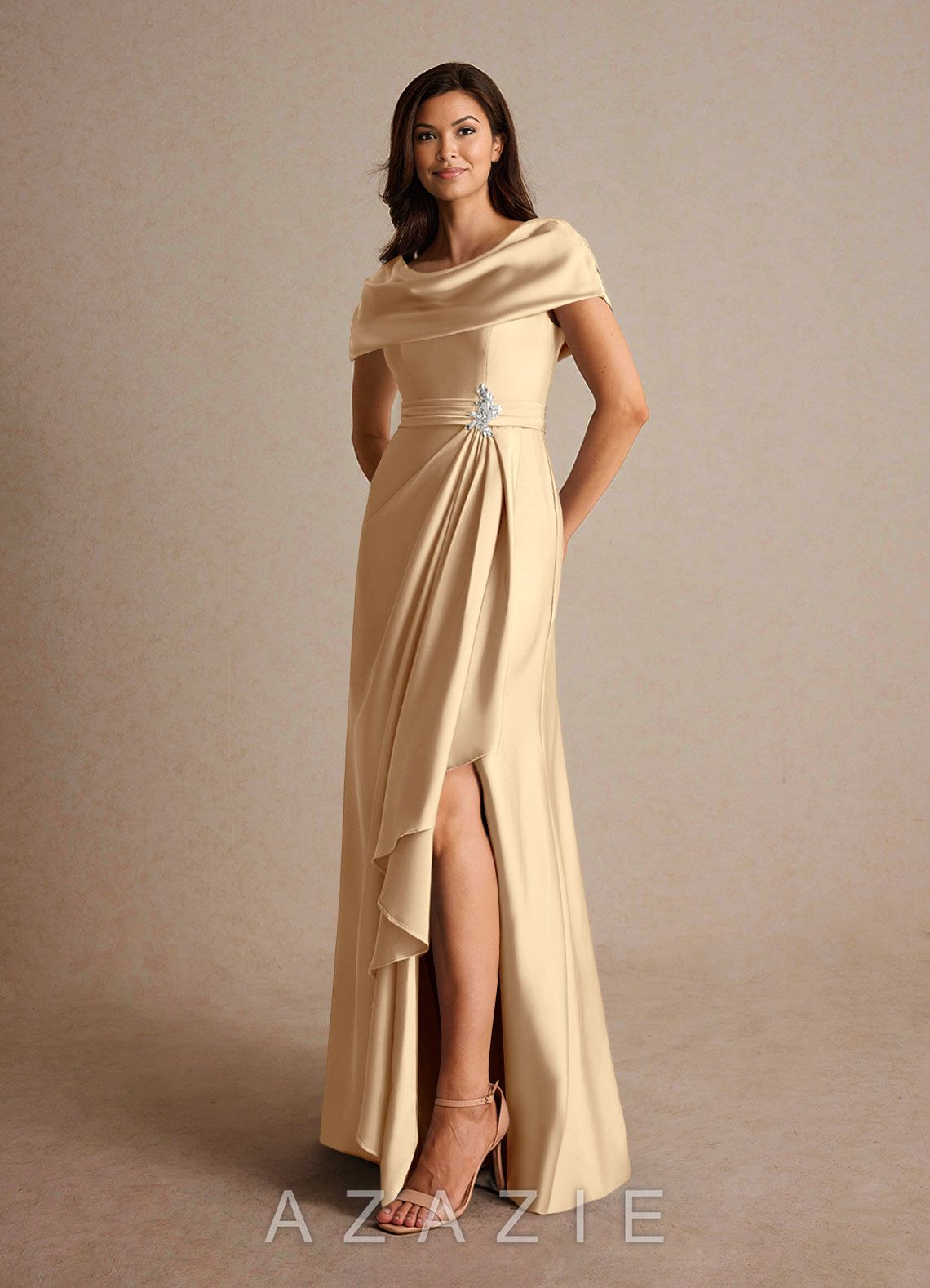 Azazie Branford Champagne A-Line Pleated Stretch Satin Dress champagne