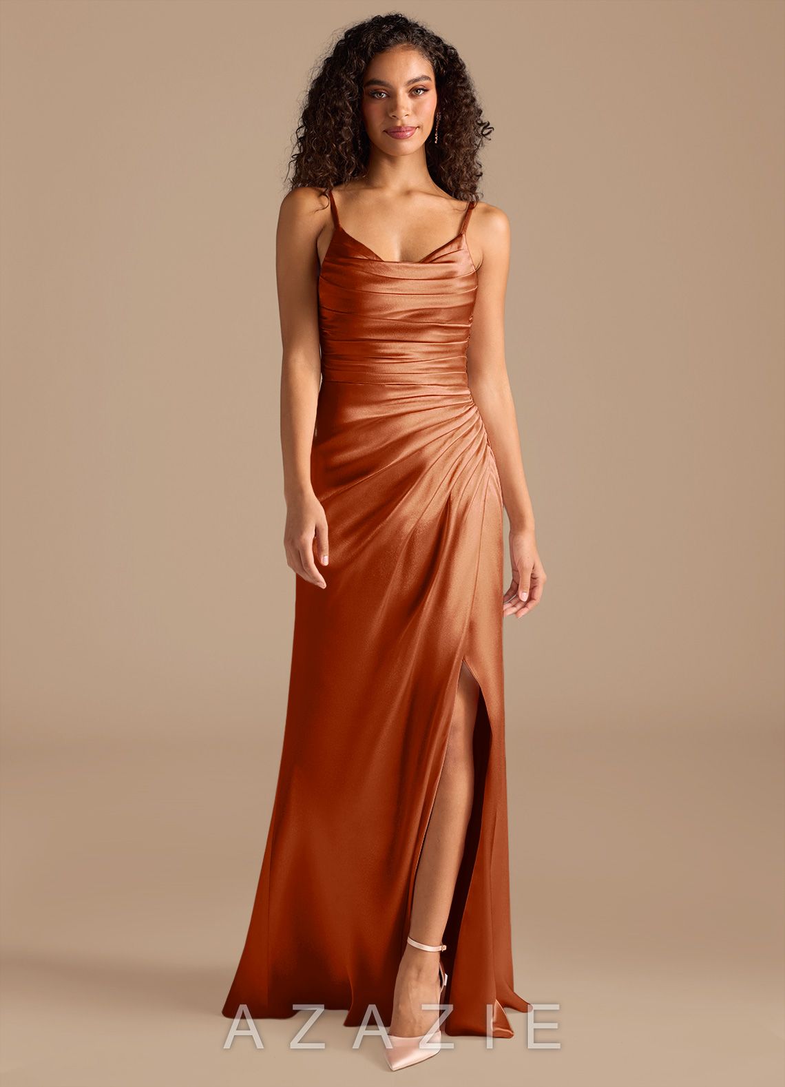 Azazie Deandra Auburn Mermaid Pleated Metallic Satin Dress auburn