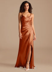 Azazie Deandra Auburn Mermaid Pleated Metallic Satin Dress auburn