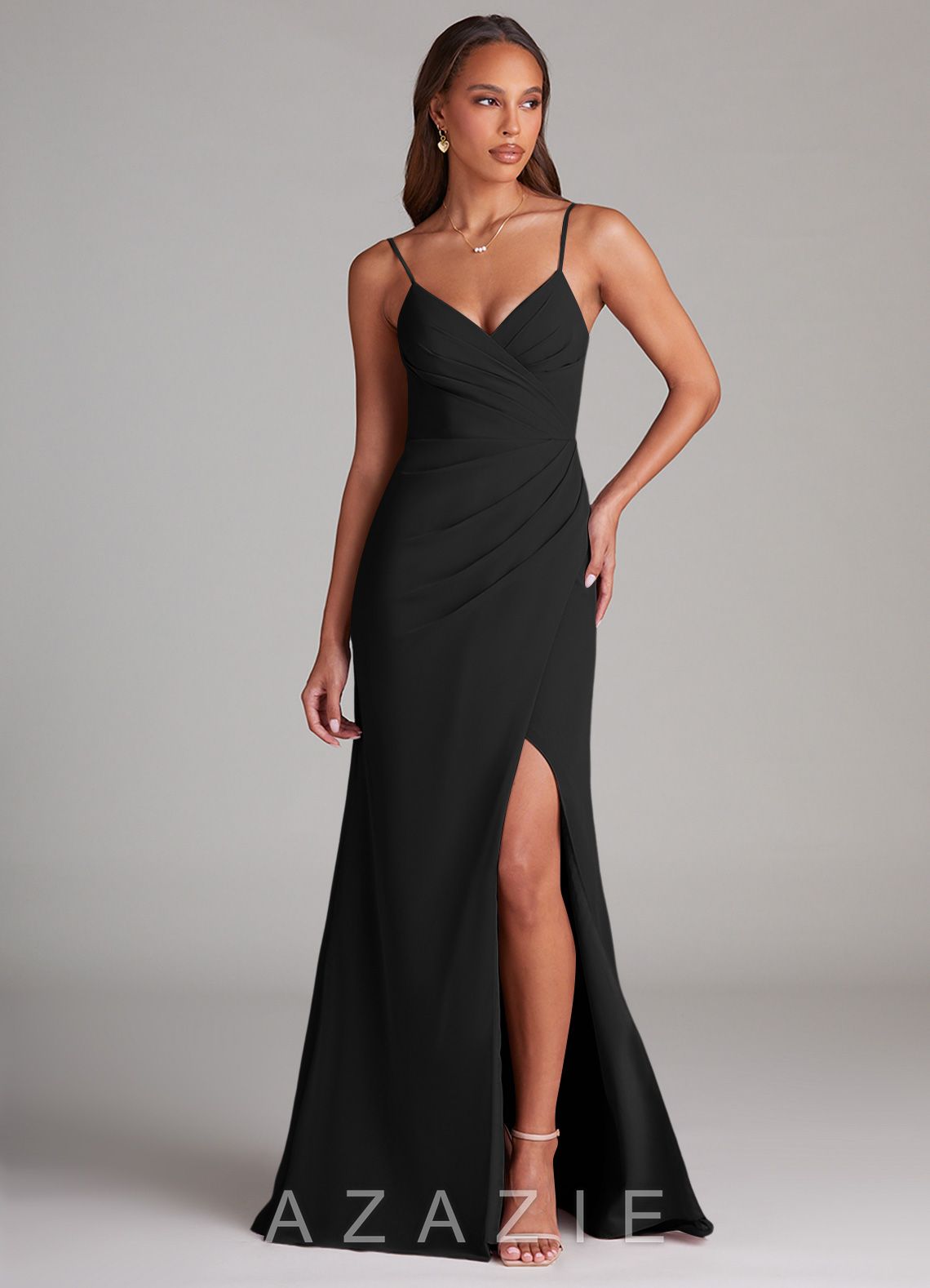 Azazie Maci Black Sheath Pleated Chiffon Dress