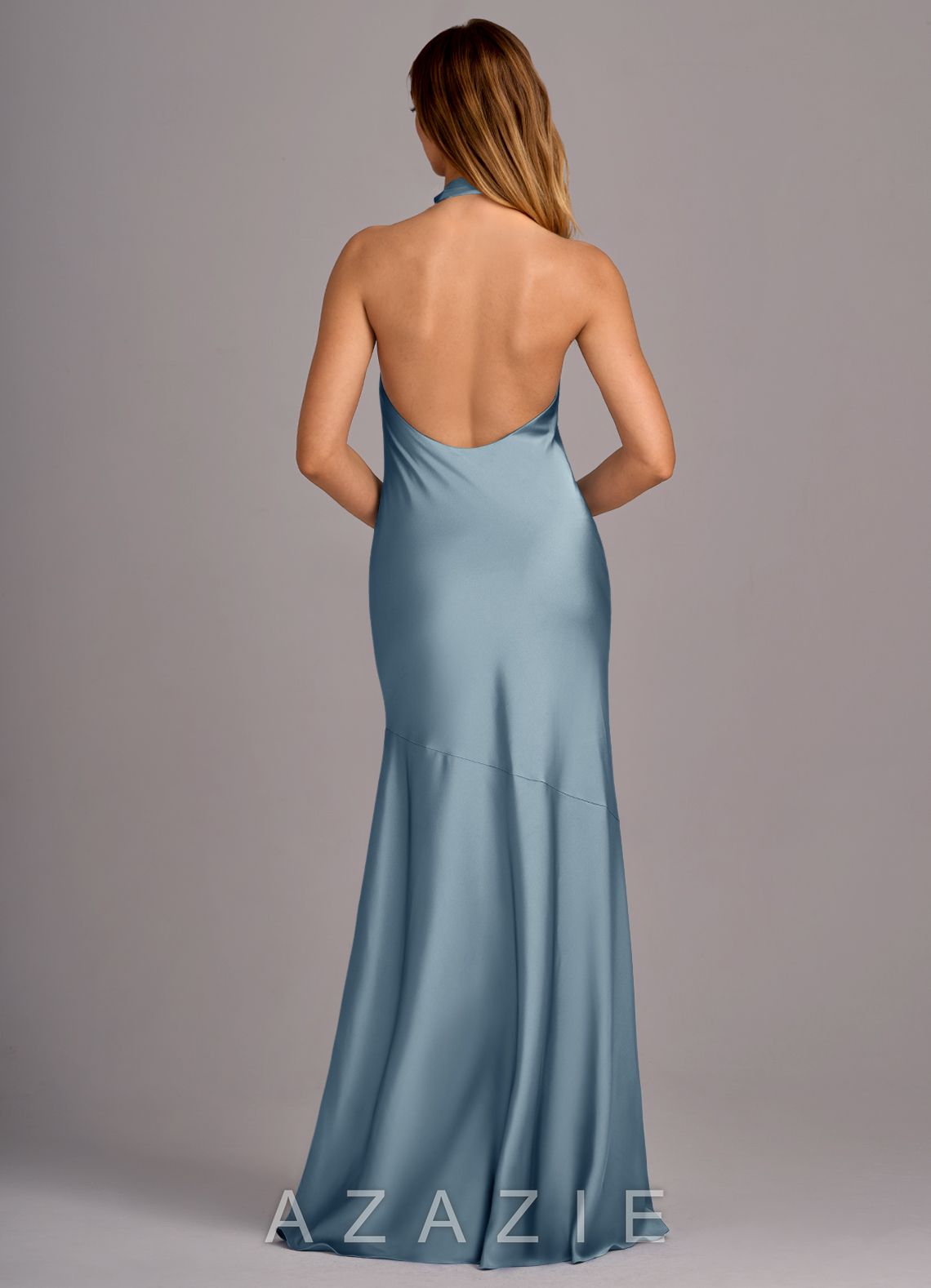 Azazie Lorena Dusty Blue Mermaid Pleated Stretch Satin Dress dusty_blue