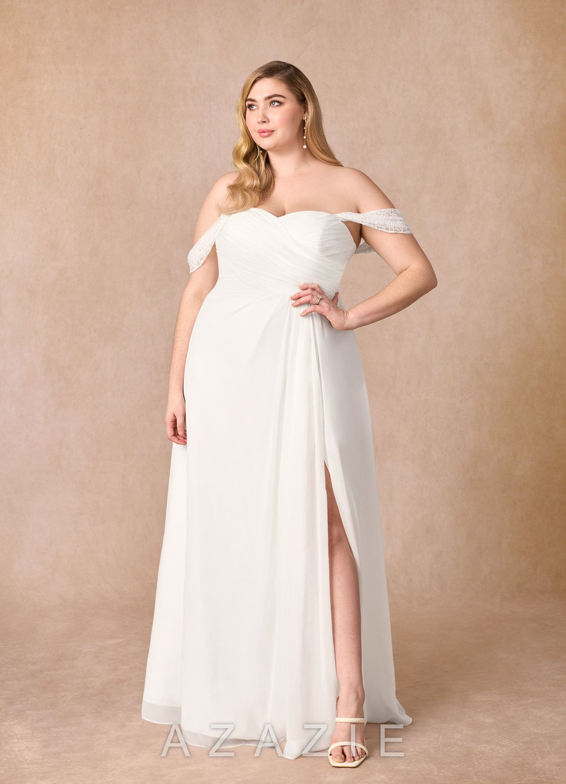 Azazie Zadie Wedding Dress Diamond White A-Line Off the Shoulder Chiffon Dress diamond_white