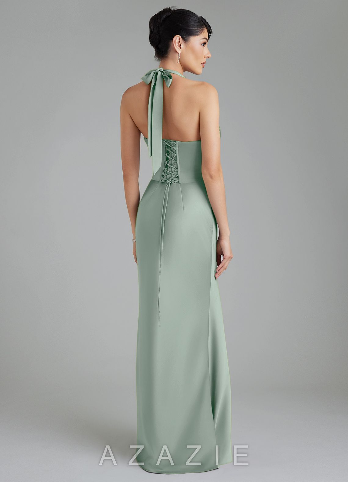 Azazie Torrance Agave Mermaid Corset Stretch Satin Dress agave