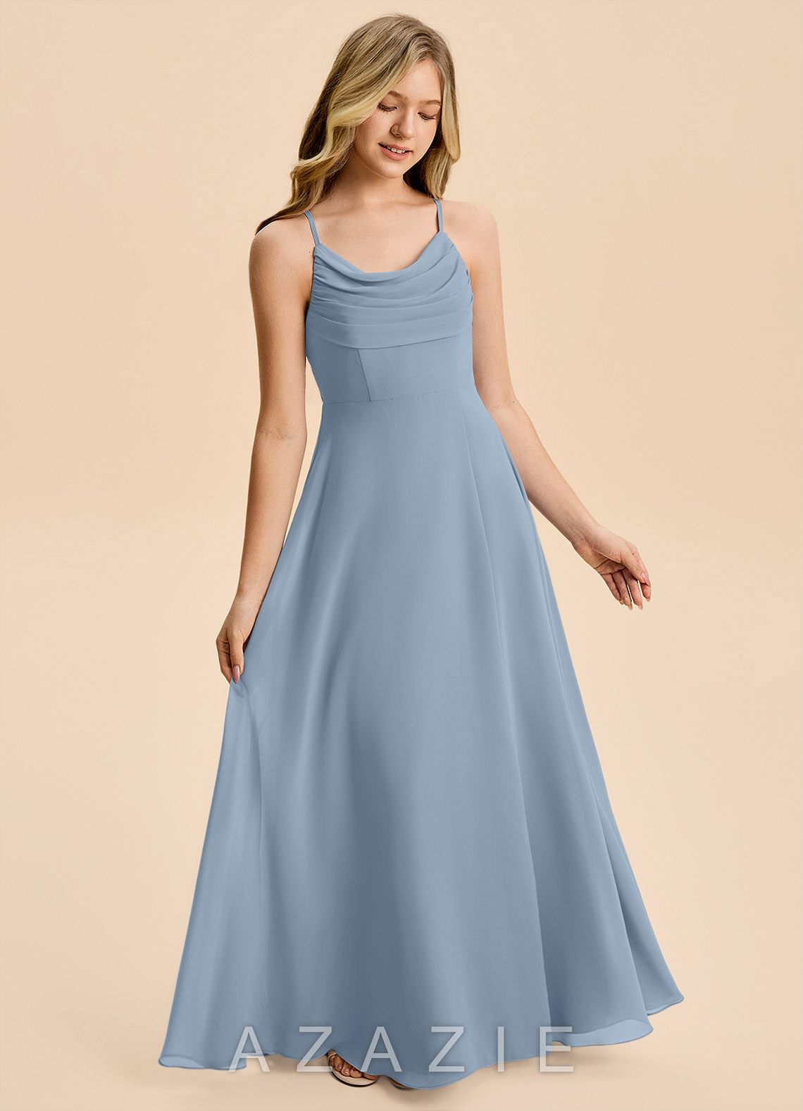 Azazie Gia Junior Dusty Blue A-Line Pleated Chiffon Dress dusty_blue