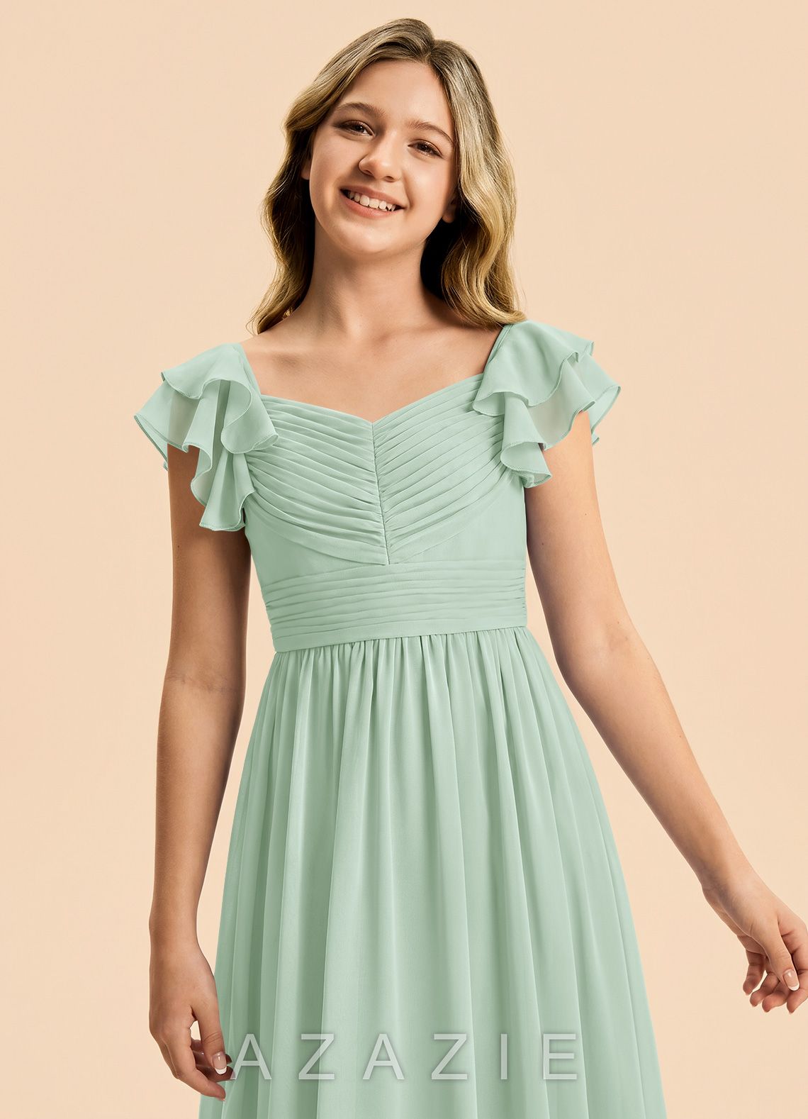 Azazie Anaya Junior Agave A-Line Sweetheart Neckline Chiffon Dress agave
