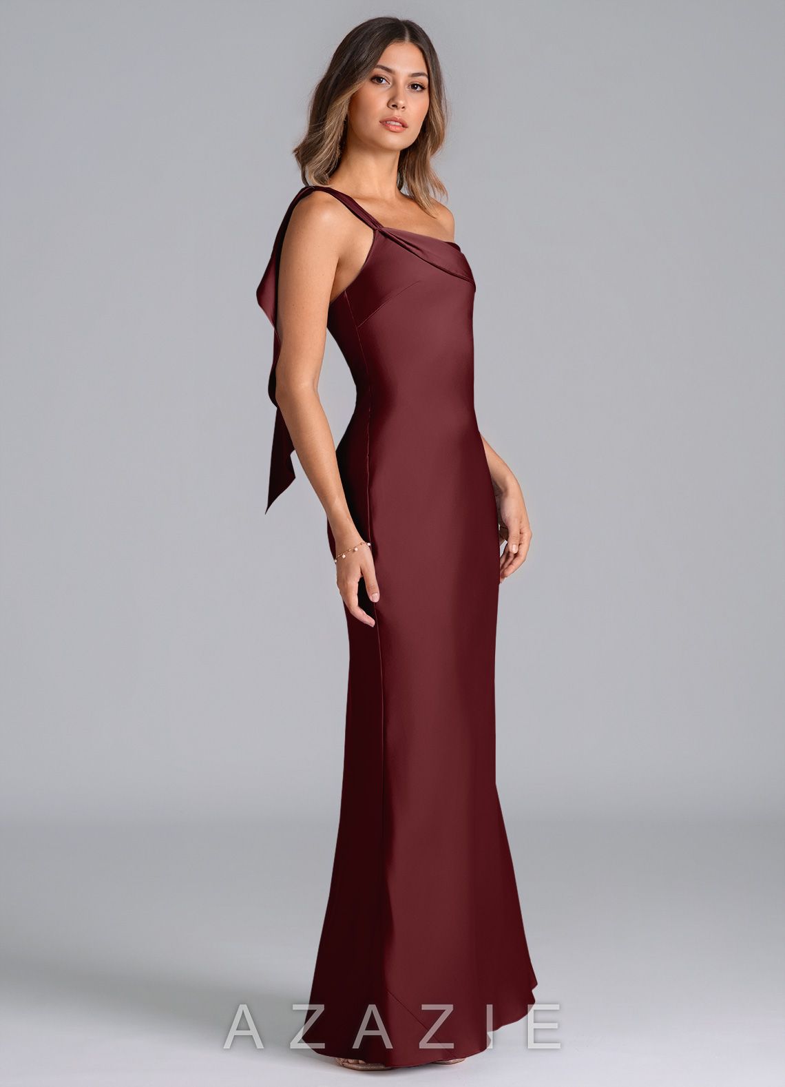 Azazie Driea Cabernet Mermaid One Shoulder Stretch Satin Dress cabernet