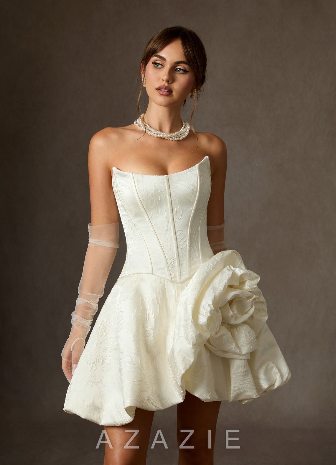 Azazie Kloe Antique White Ball-Gown Strapless Floral Jacquard Dress antique_white