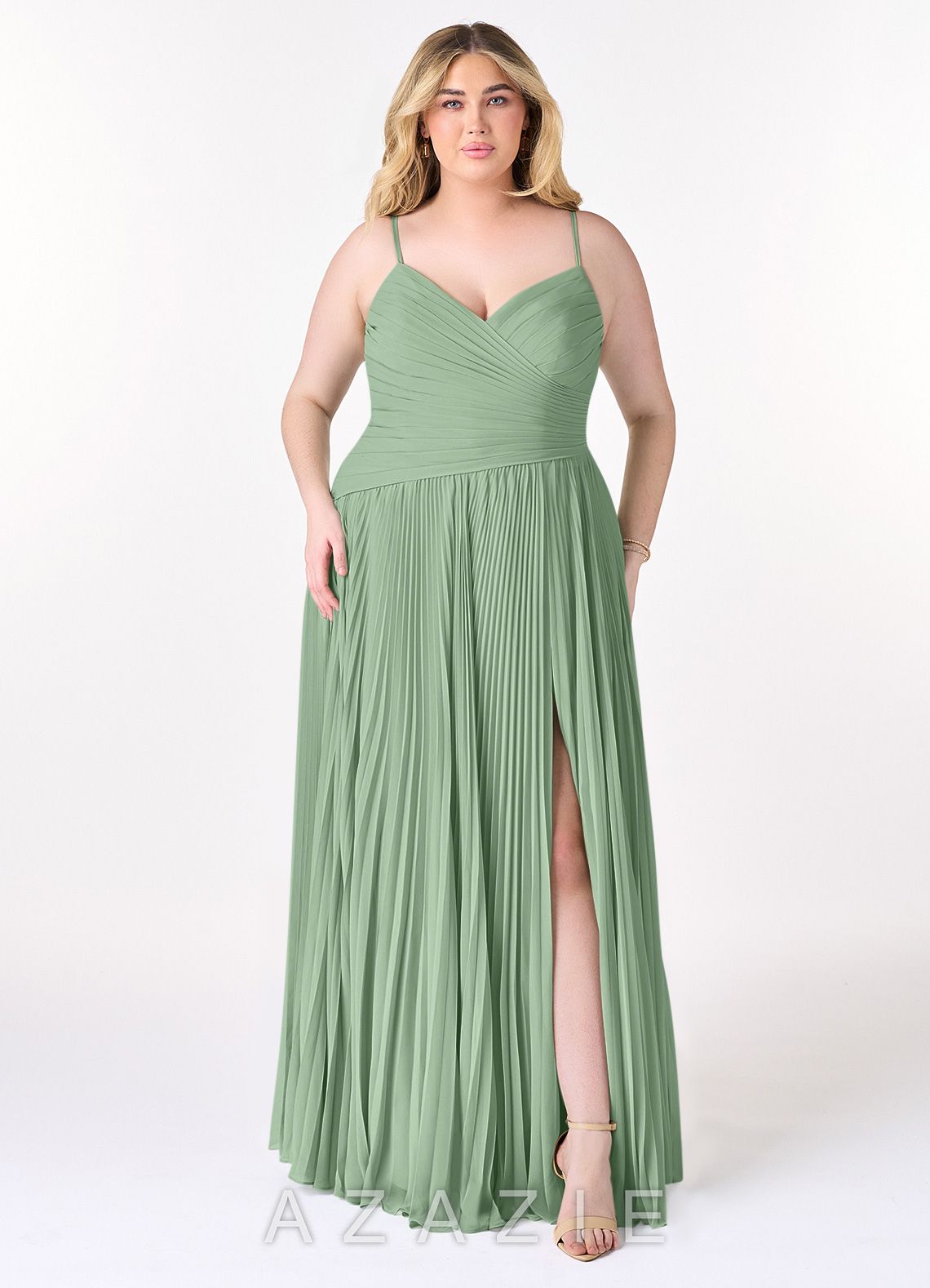 Azazie Vini Matcha A-Line V-Neck Pleated Chiffon Dress matcha