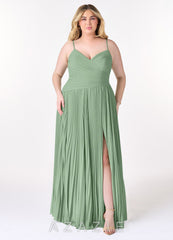 Azazie Vini Matcha A-Line V-Neck Pleated Chiffon Dress matcha