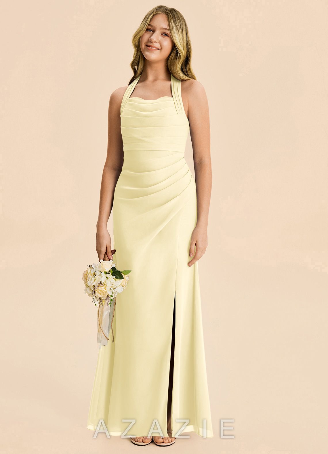 Azazie Destiny Junior Lemon Sorbet Sheath Ruched Chiffon Dress