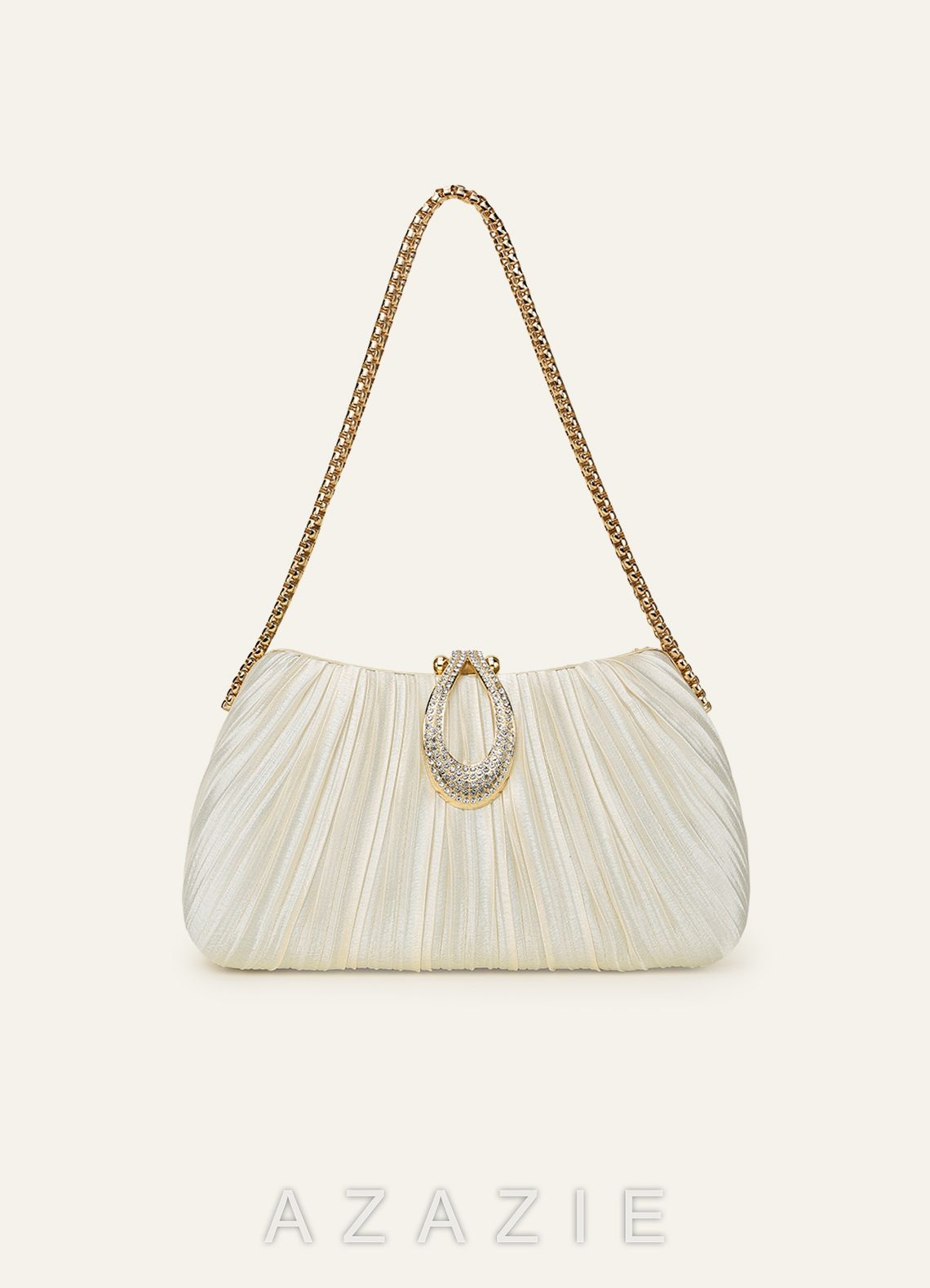 Matching Color Crystal Buckle Pleated Satin Clutch Bag