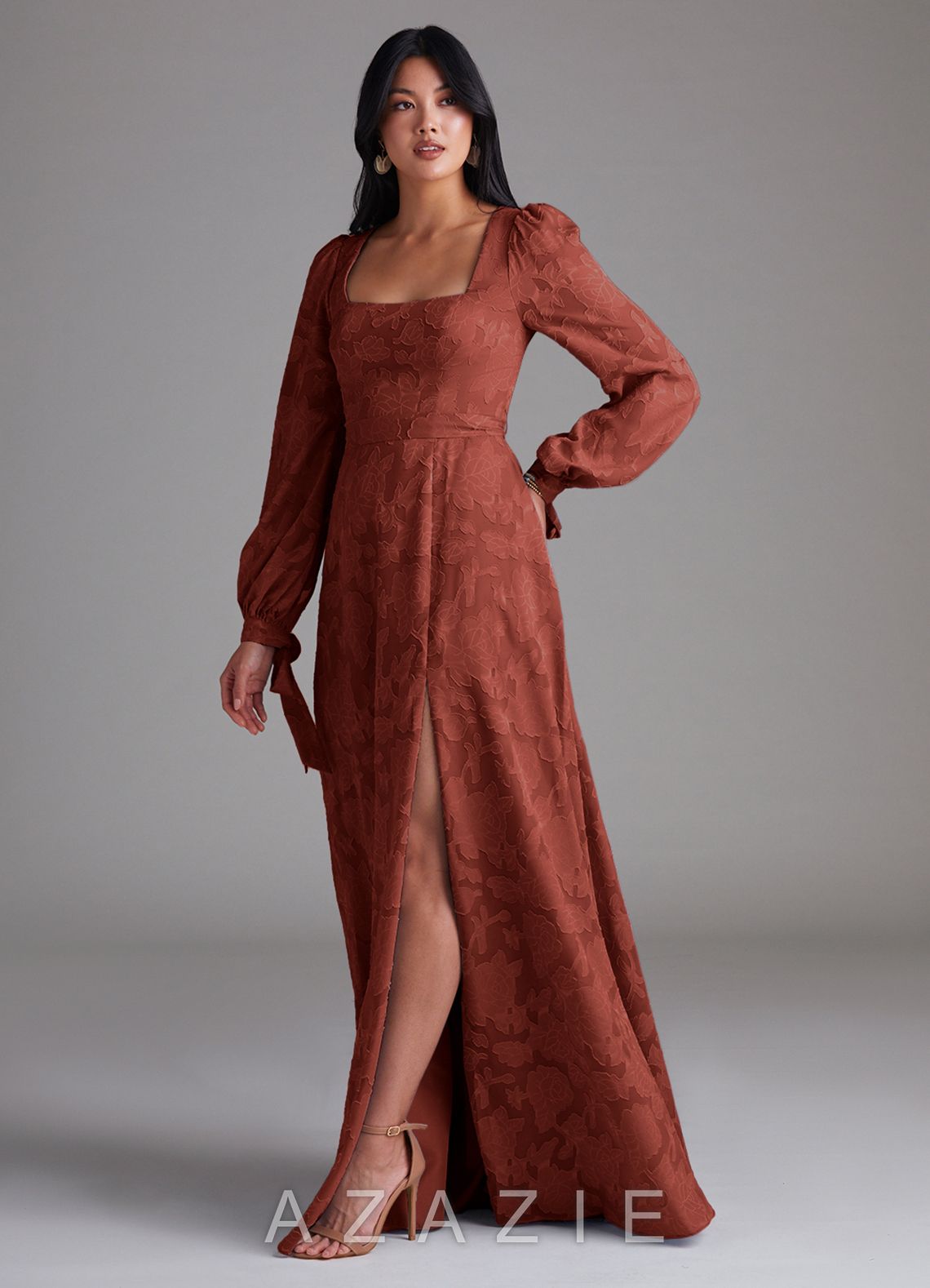 Azazie Leonia Terracotta A-Line Long Sleeve Floral Burnout Dress terracotta