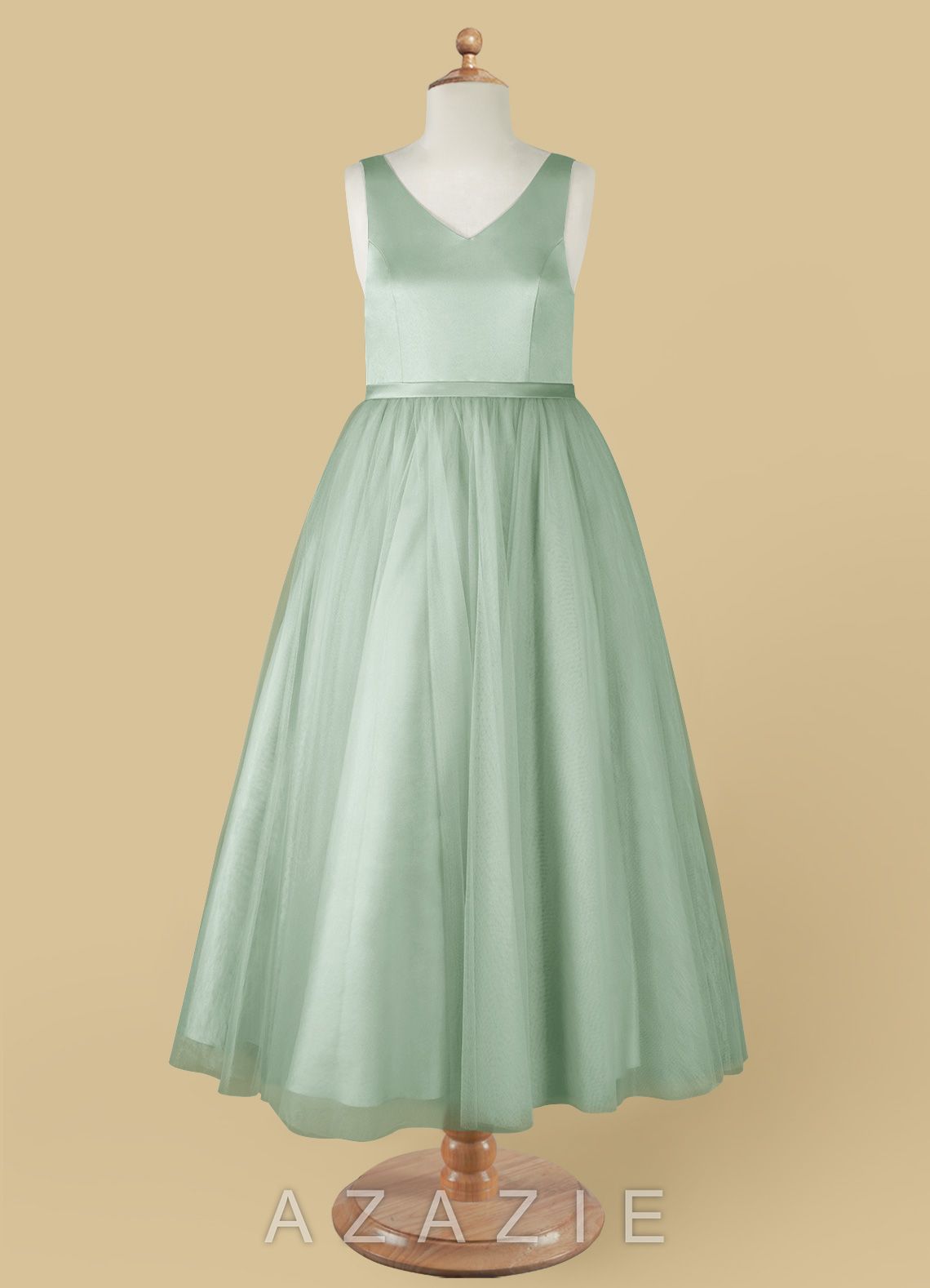 Azazie Marybell Agave A-Line Bow Tulle Dress agave