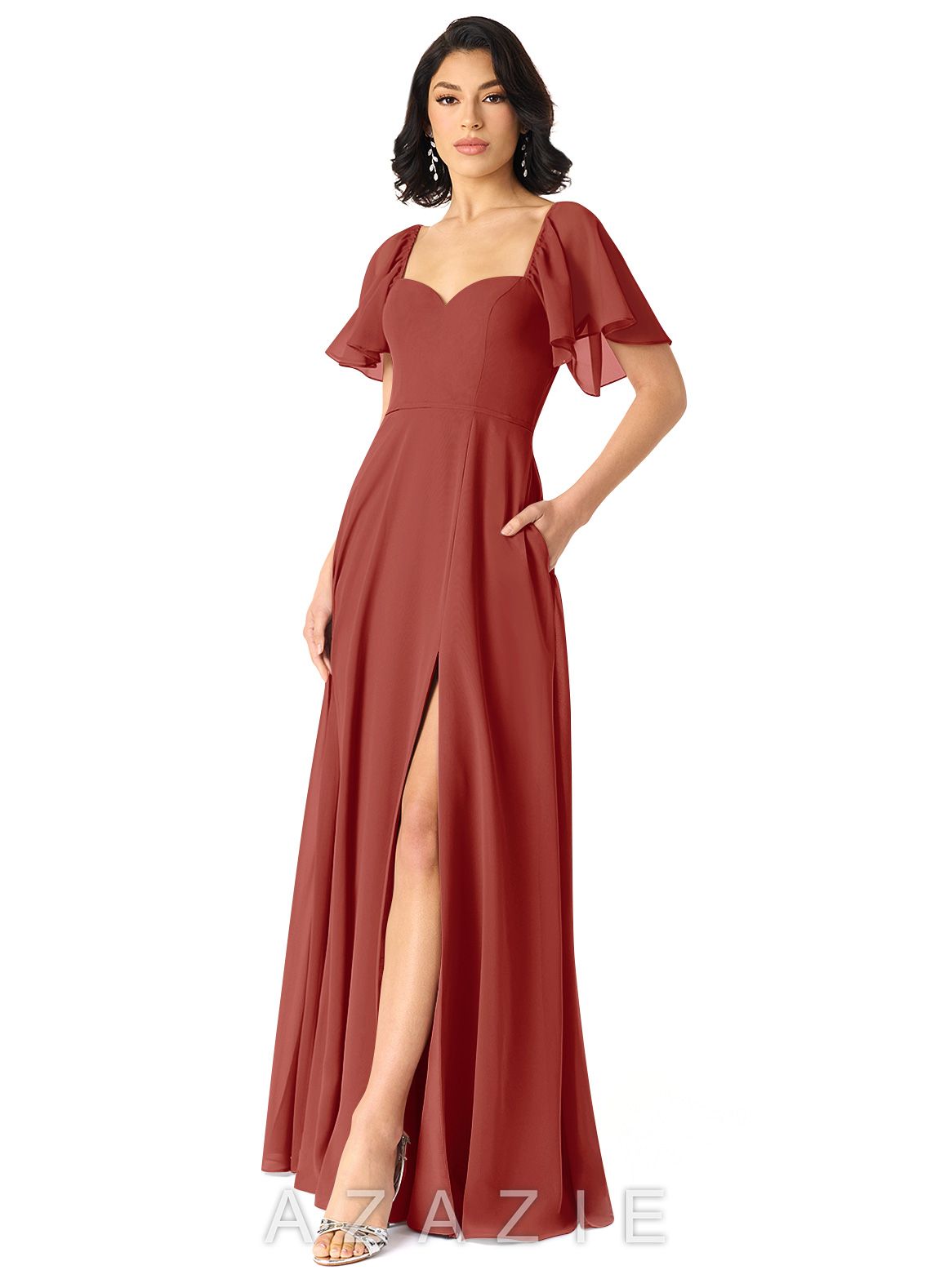 Azazie Chloe Terracotta A-Line Sweetheart Neckline Chiffon Dress terracotta