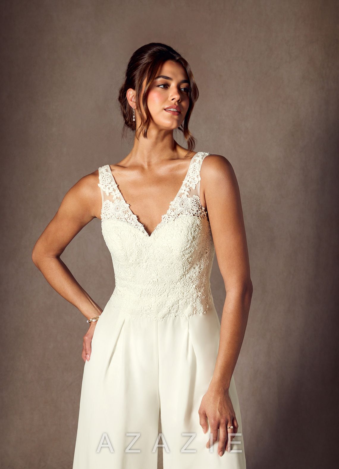 Azazie Florine Wedding Dress Cream Pant Styles V-Neck Lace Chiffon Dress cream