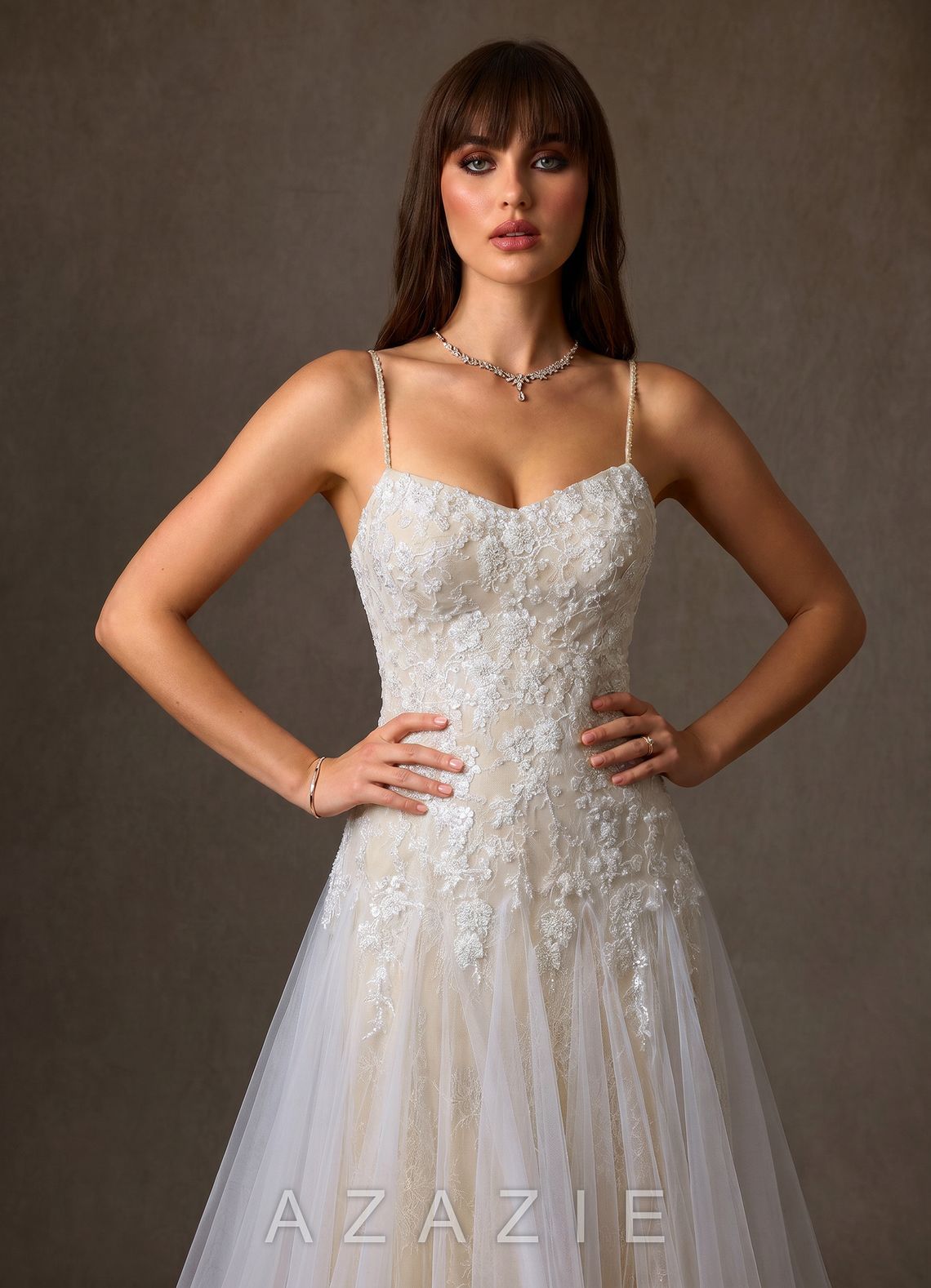 Azazie Lumina Diamond White Champagne A-Line Sweetheart Neckline Lace Dress diamond_white/champagne